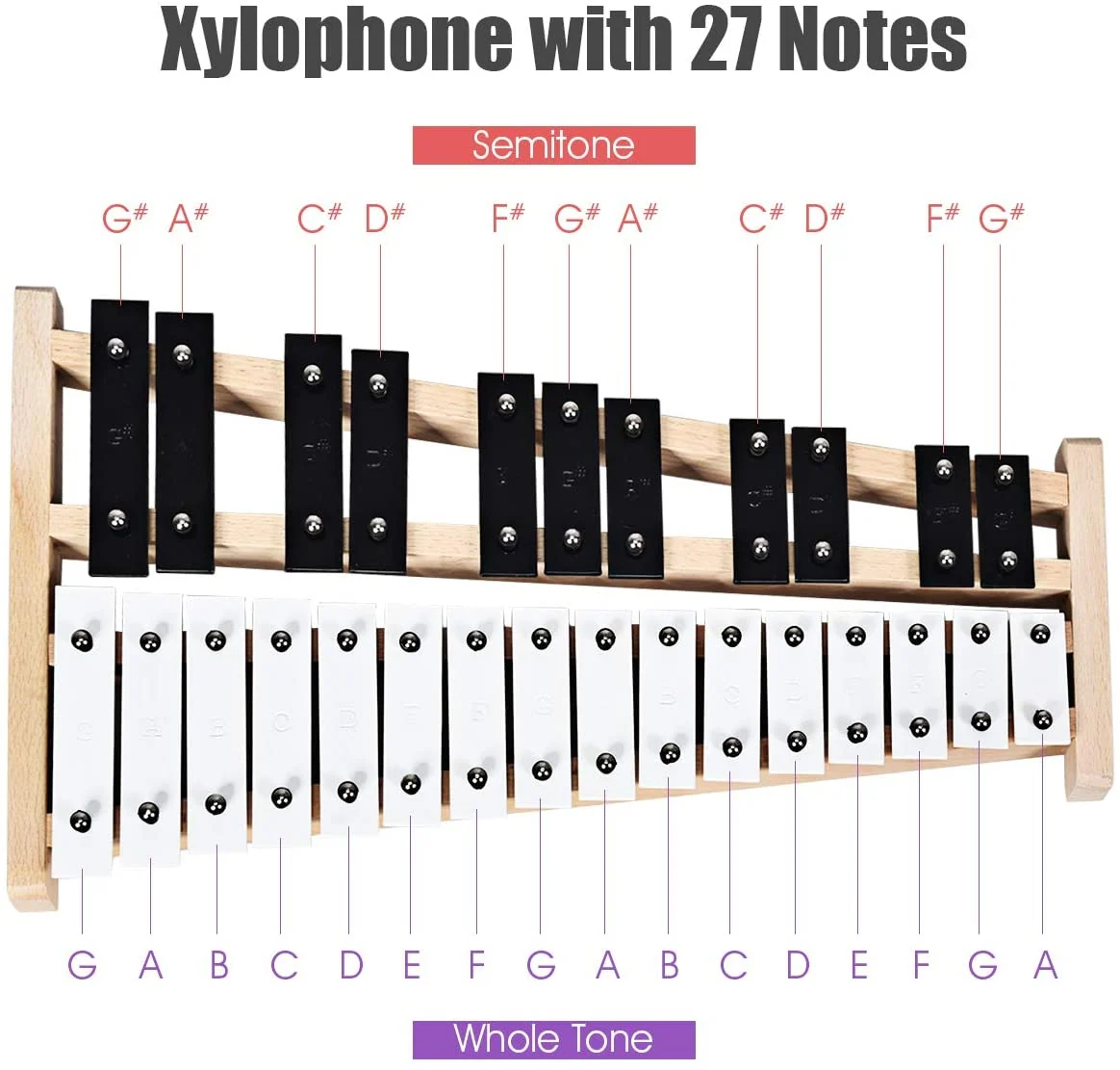 27 Note Glockenspiel Xylophone, 2 Rubber Mallets, White, Black - Image 3