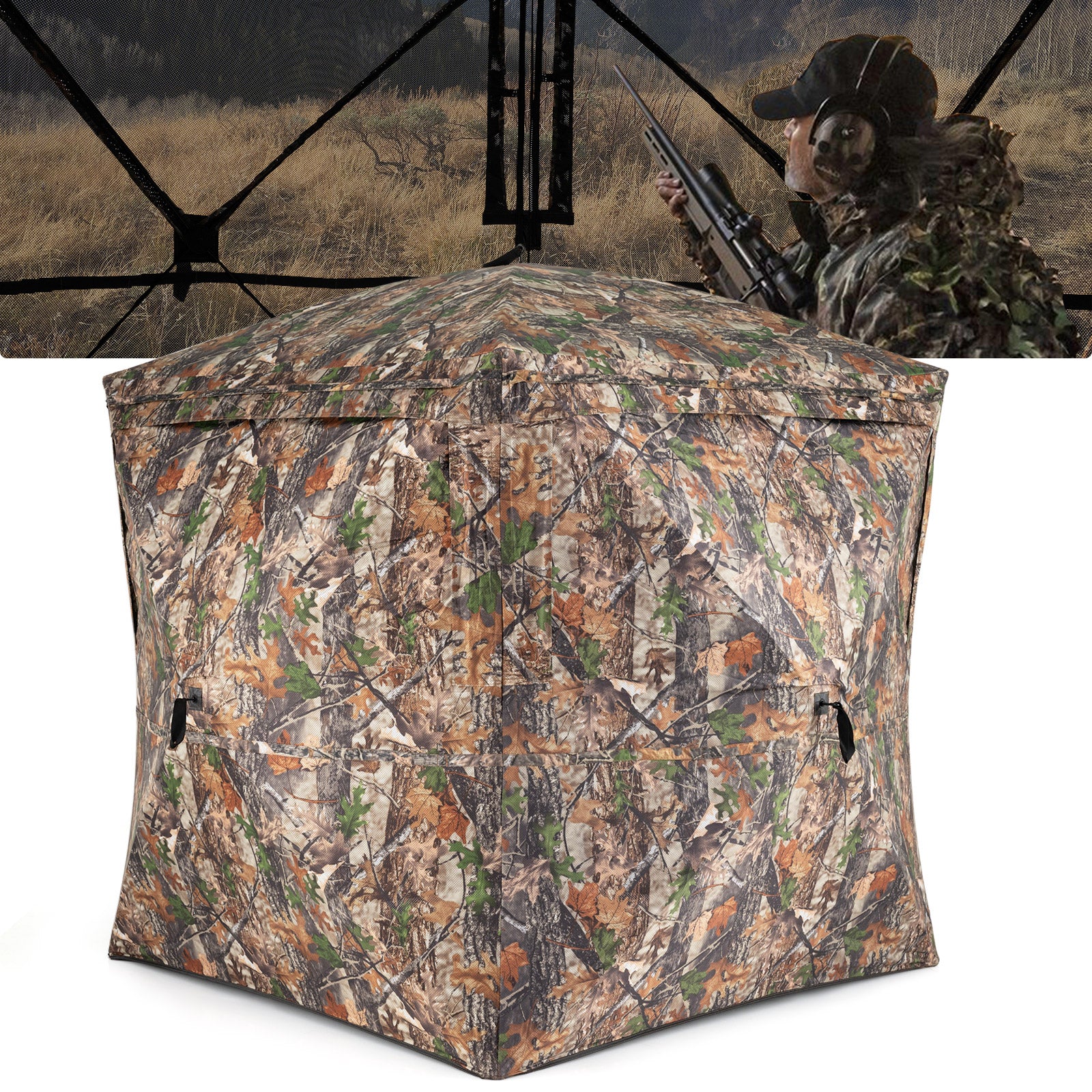 270° See Through Hunting Blind Tent with Silent Magnetic Door, Camouflage - Image 5