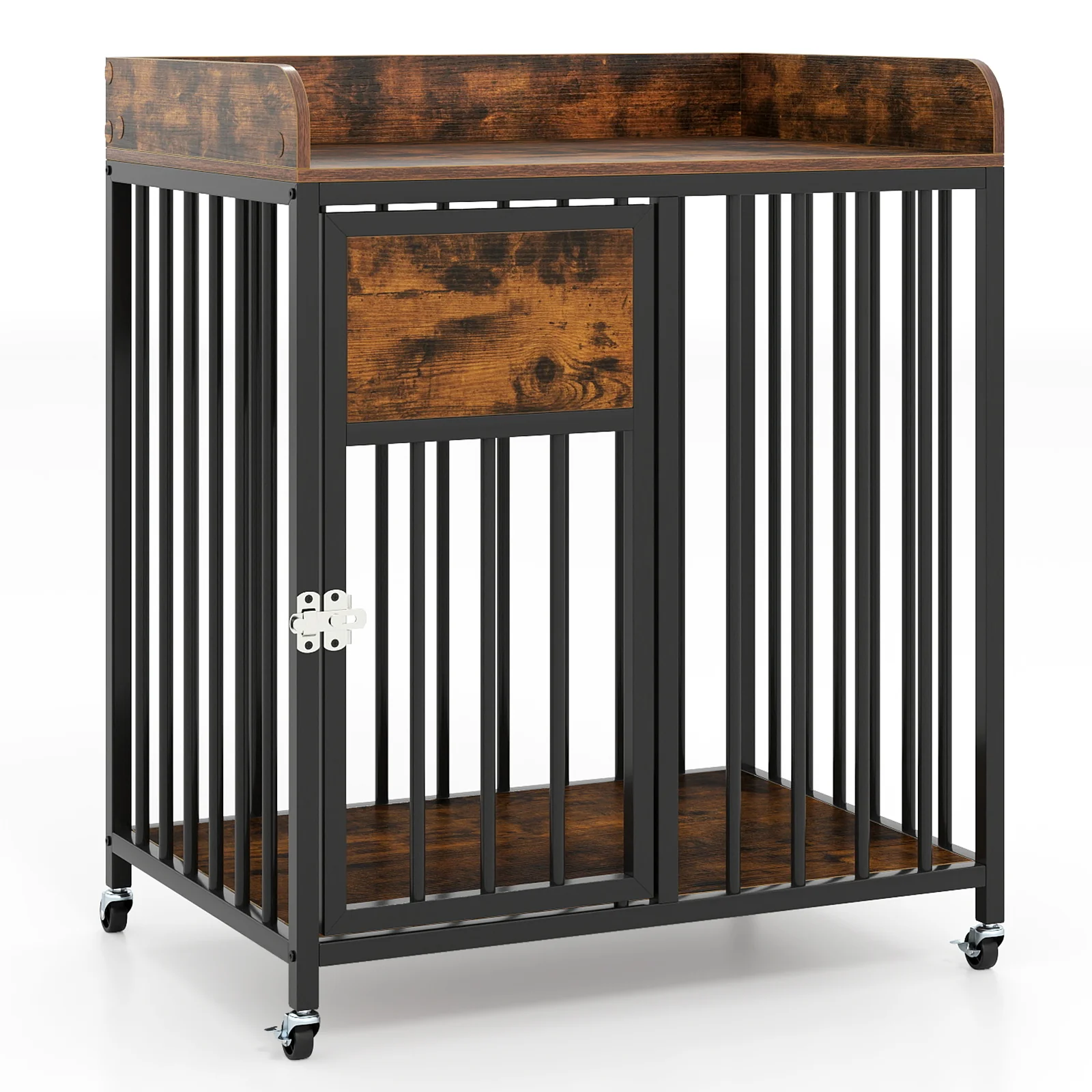 27.5 Inch Dog Crate Furniture with Wheels for Small Dogs and Puppies, Rustic Brown