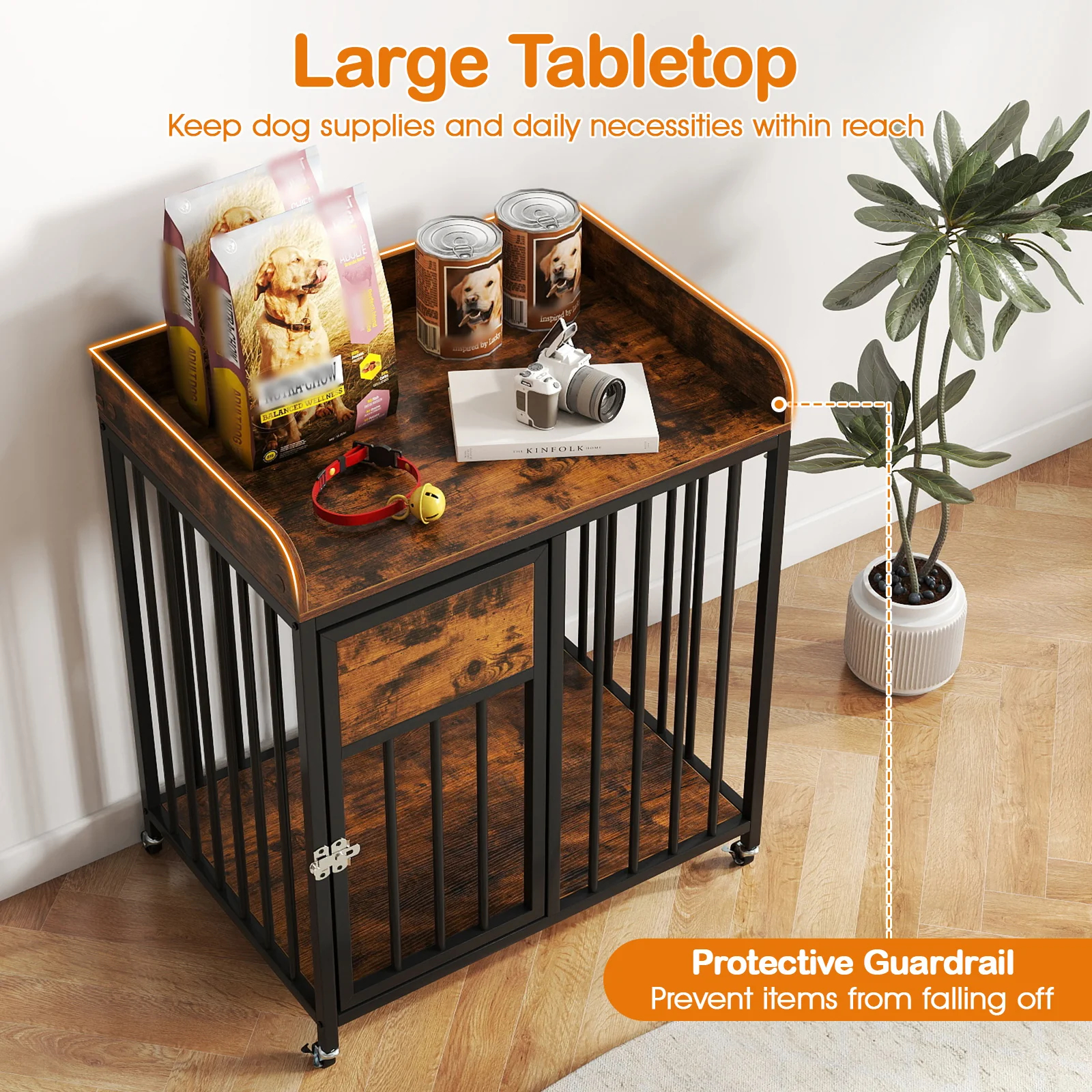 27.5 Inch Dog Crate Furniture with Wheels for Small Dogs and Puppies, Rustic Brown - Image 10