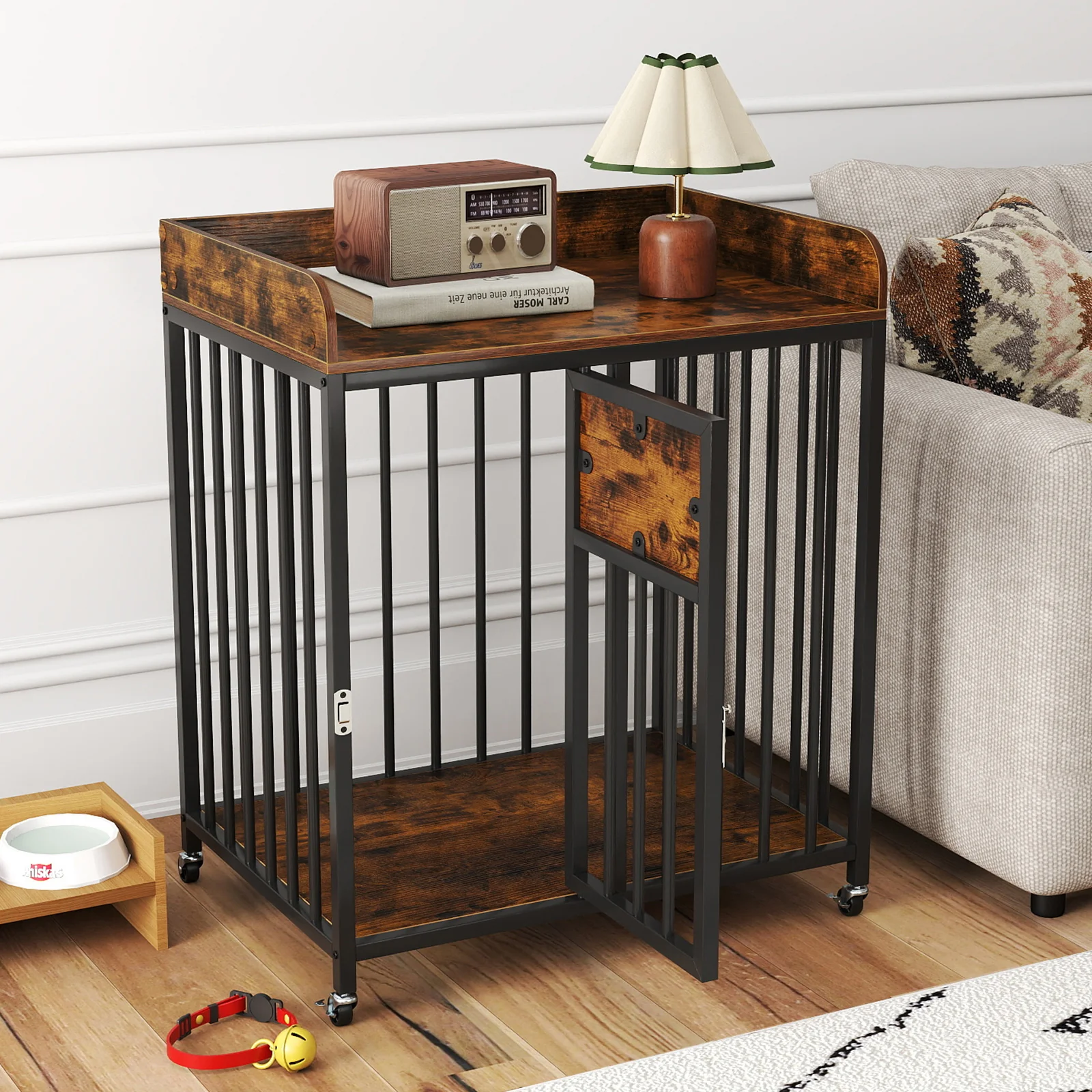 27.5 Inch Dog Crate Furniture with Wheels for Small Dogs and Puppies, Rustic Brown - Image 2