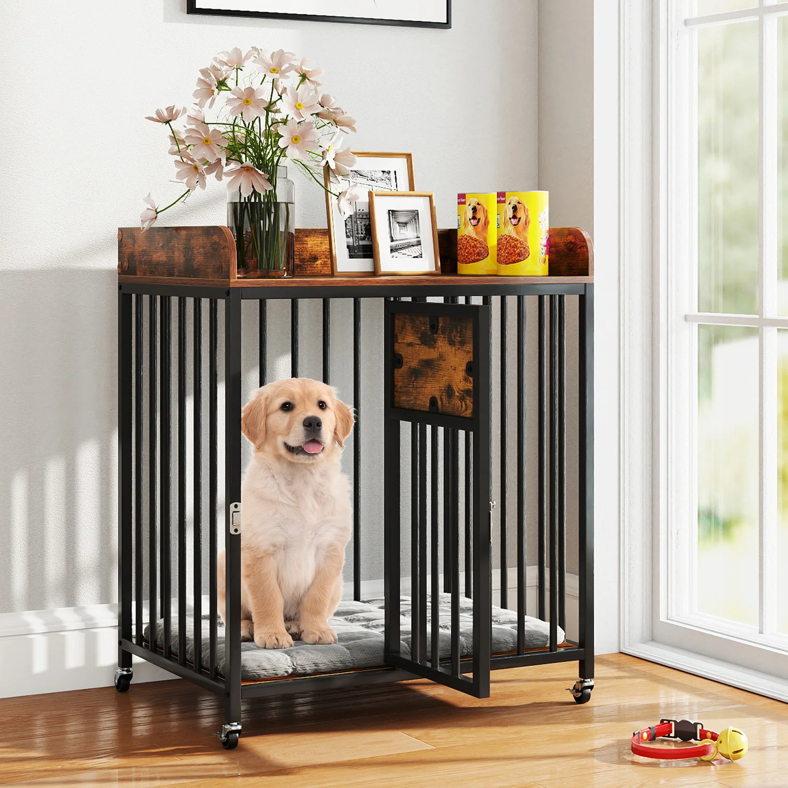 27.5 Inch Dog Crate Furniture with Wheels for Small Dogs and Puppies, Rustic Brown - Image 3
