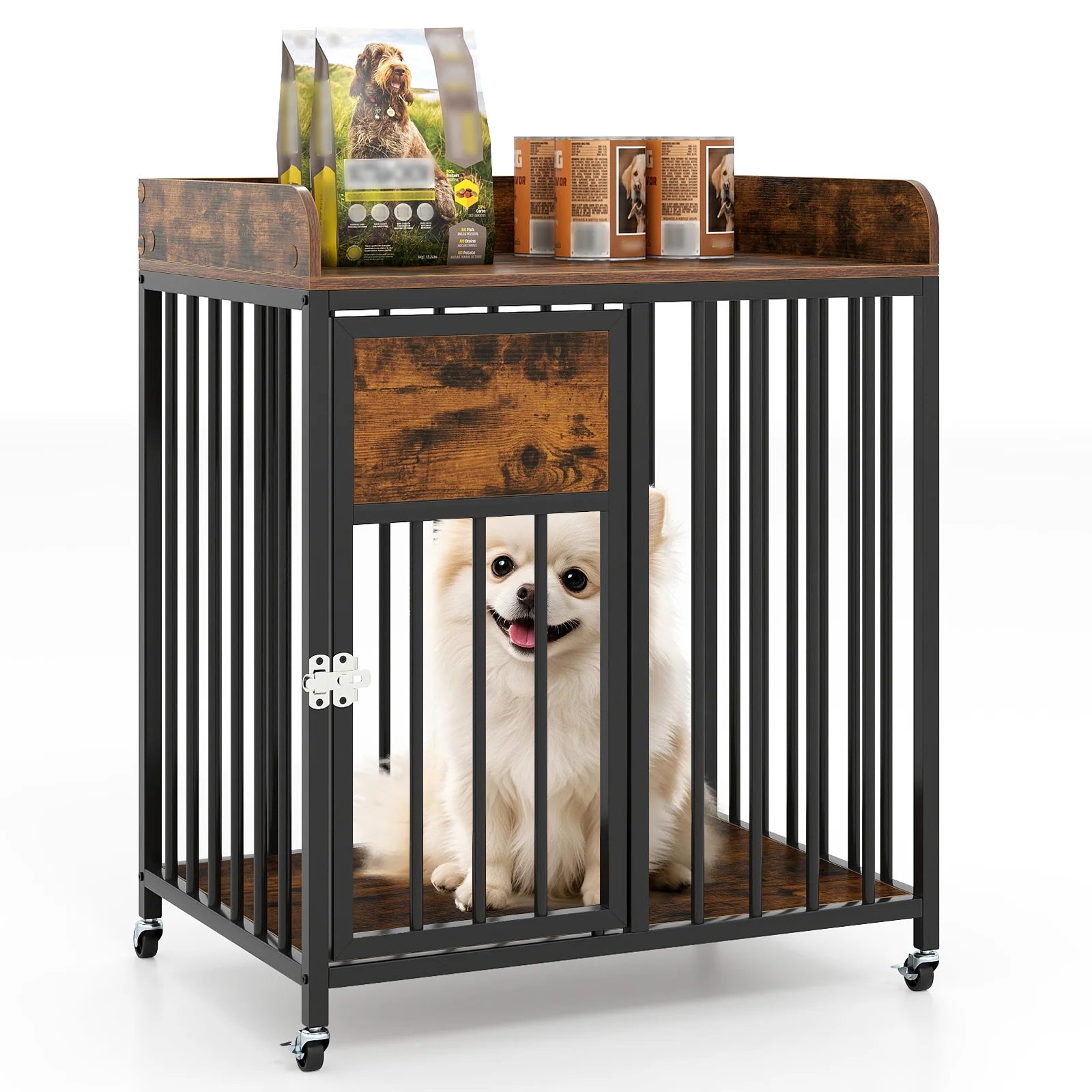 27.5 Inch Dog Crate Furniture with Wheels for Small Dogs and Puppies, Rustic Brown - Image 5