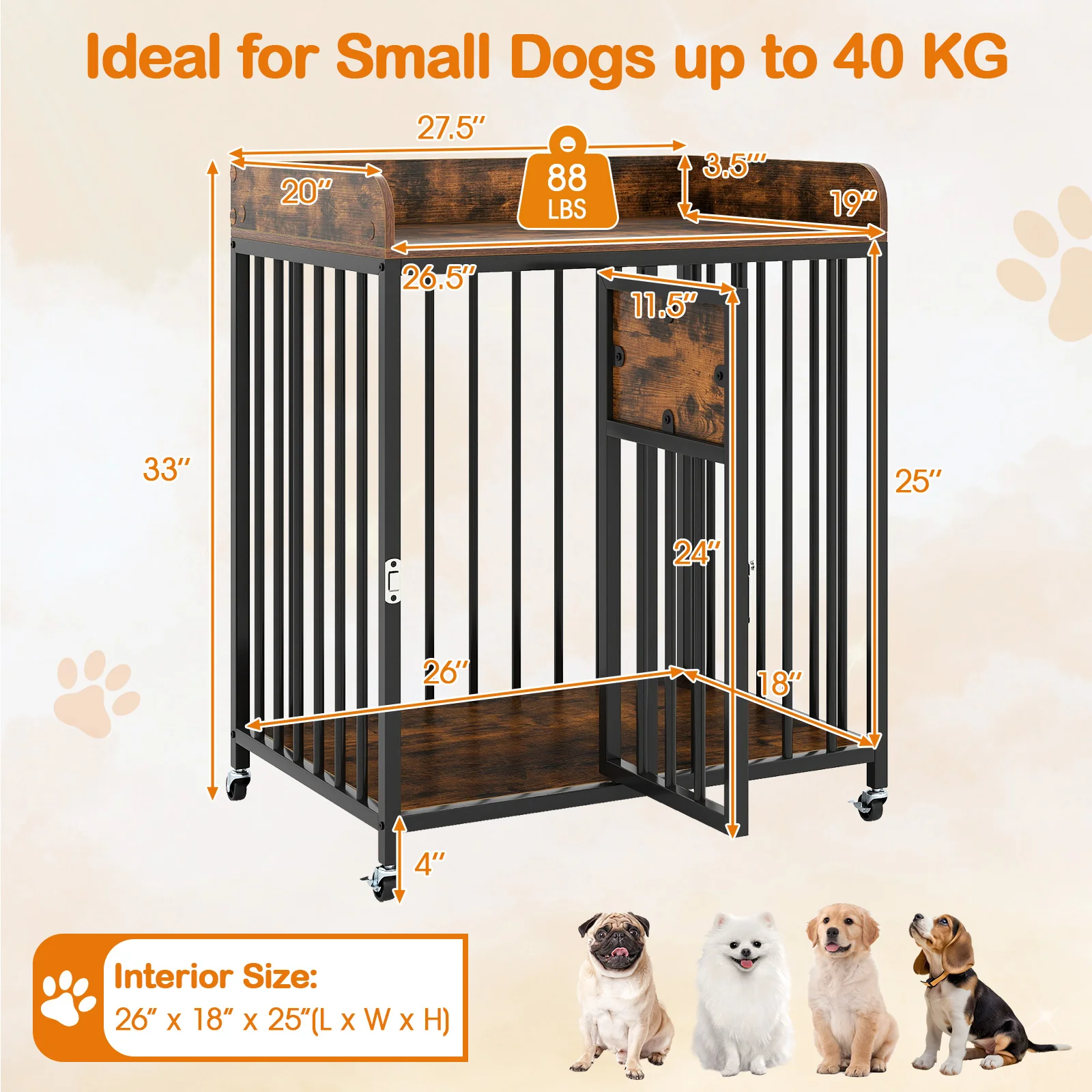 27.5 Inch Dog Crate Furniture with Wheels for Small Dogs and Puppies, Rustic Brown - Image 6