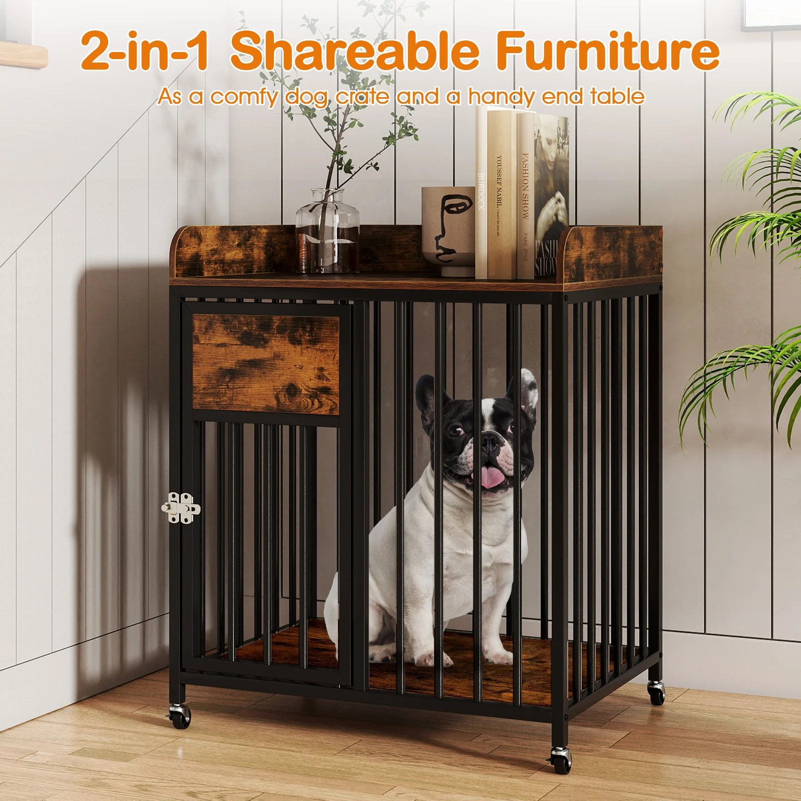 27.5 Inch Dog Crate Furniture with Wheels for Small Dogs and Puppies, Rustic Brown - Image 9