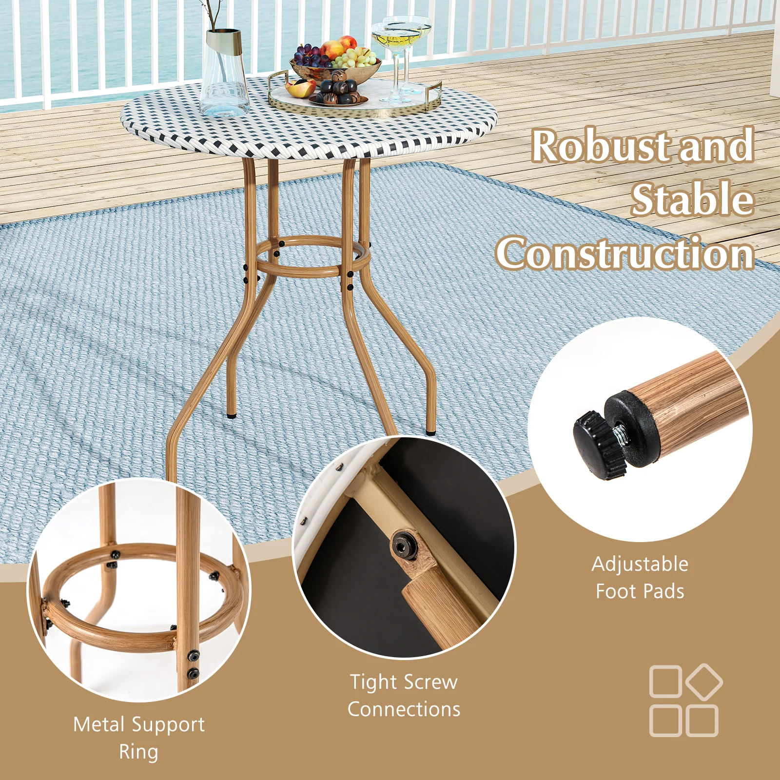 27.5 inch Outdoor Bistro Table with Heavy Duty Metal Frame and Adjustable Foot Pads-white, White - Image 8