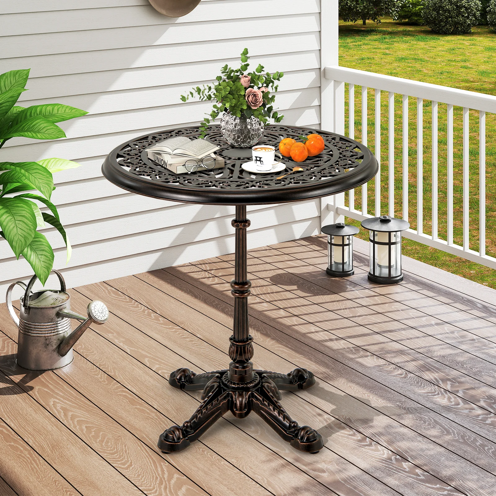 27Inch Round Cast Aluminum Patio Bistro Table with Hollow Top, Copper - Image 2
