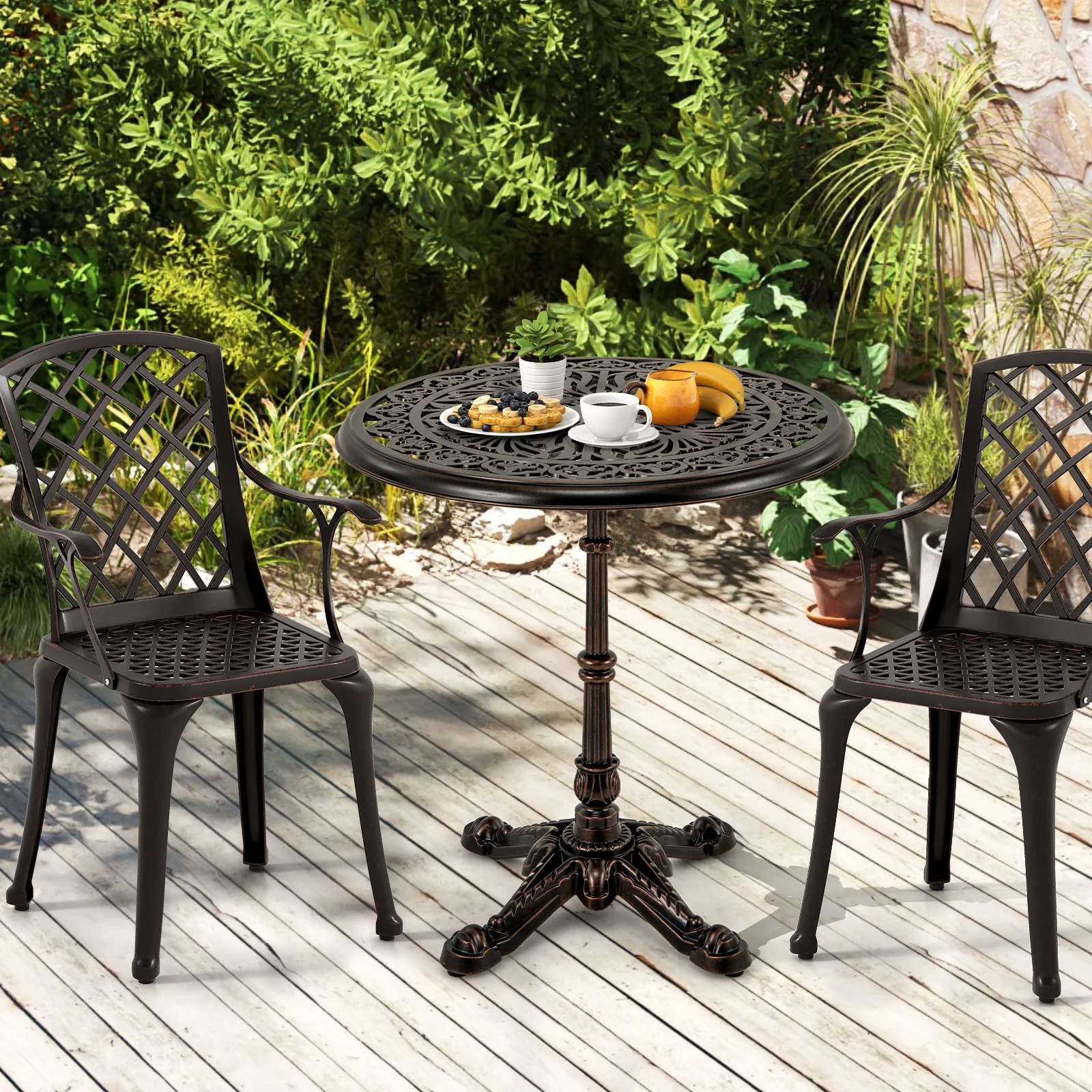 27Inch Round Cast Aluminum Patio Bistro Table with Hollow Top, Copper - Image 3