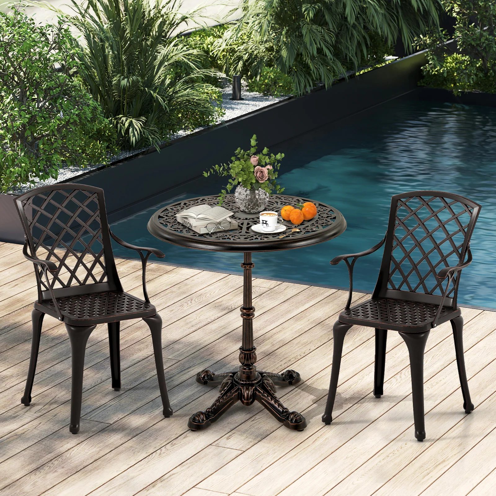 27Inch Round Cast Aluminum Patio Bistro Table with Hollow Top, Copper - Image 7