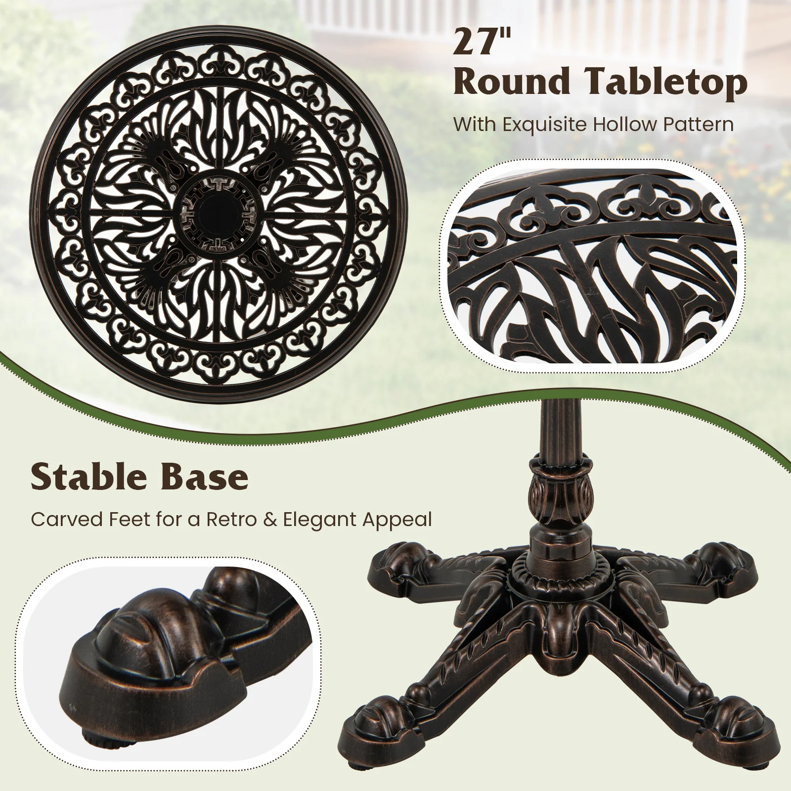 27Inch Round Cast Aluminum Patio Bistro Table with Hollow Top, Copper - Image 9