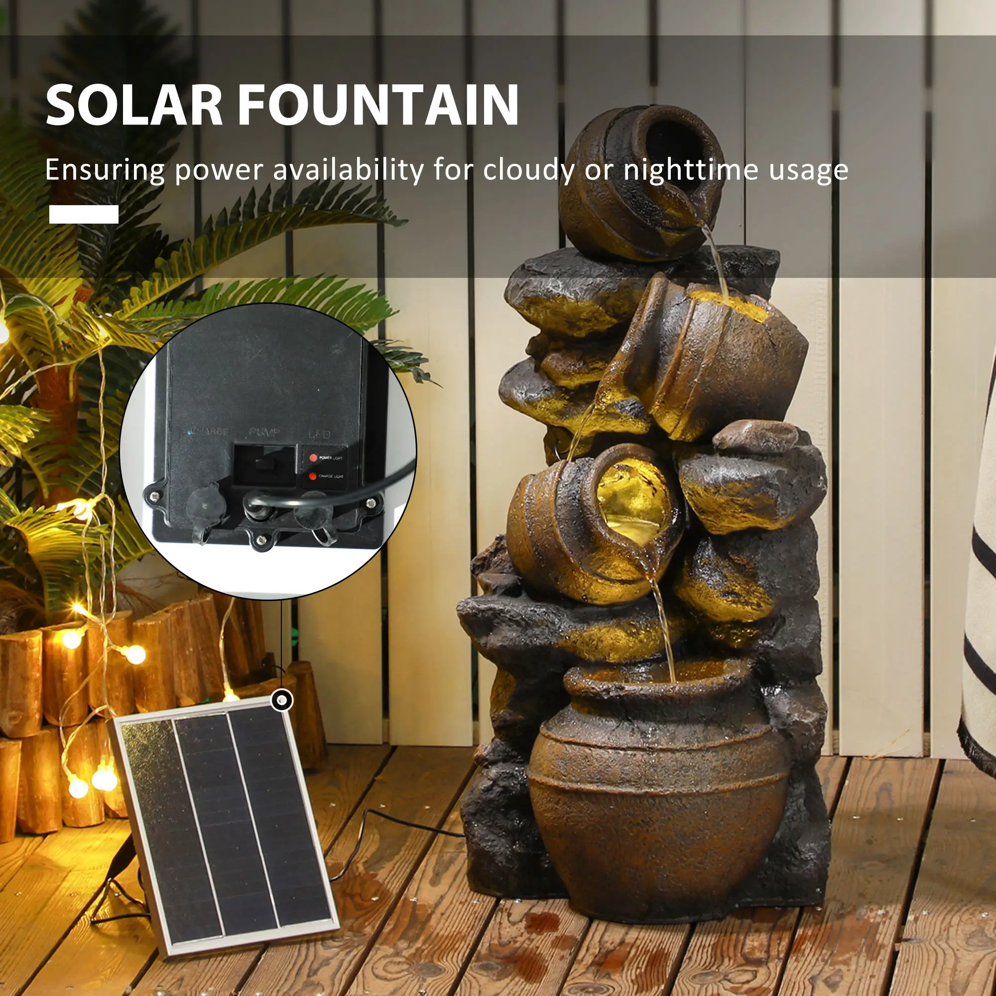 28.3" Solar Water Fountain, 4-Tier Resin Cascading Jars with LED Lights - Image 5