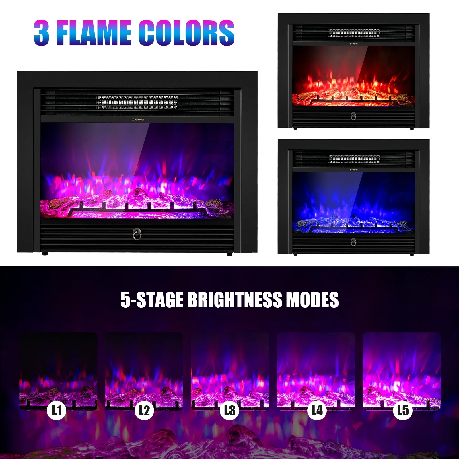 28.5 Inch Electric Fireplace, Recessed, 3 Flame Colors, Black - Image 10