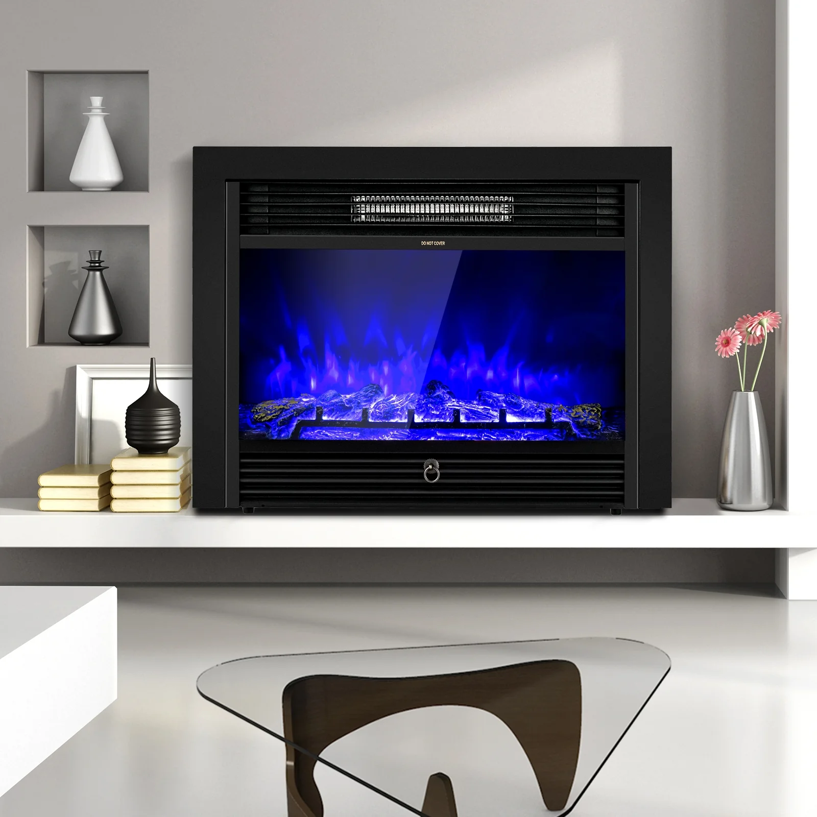 28.5 Inch Electric Fireplace, Recessed, 3 Flame Colors, Black - Image 3