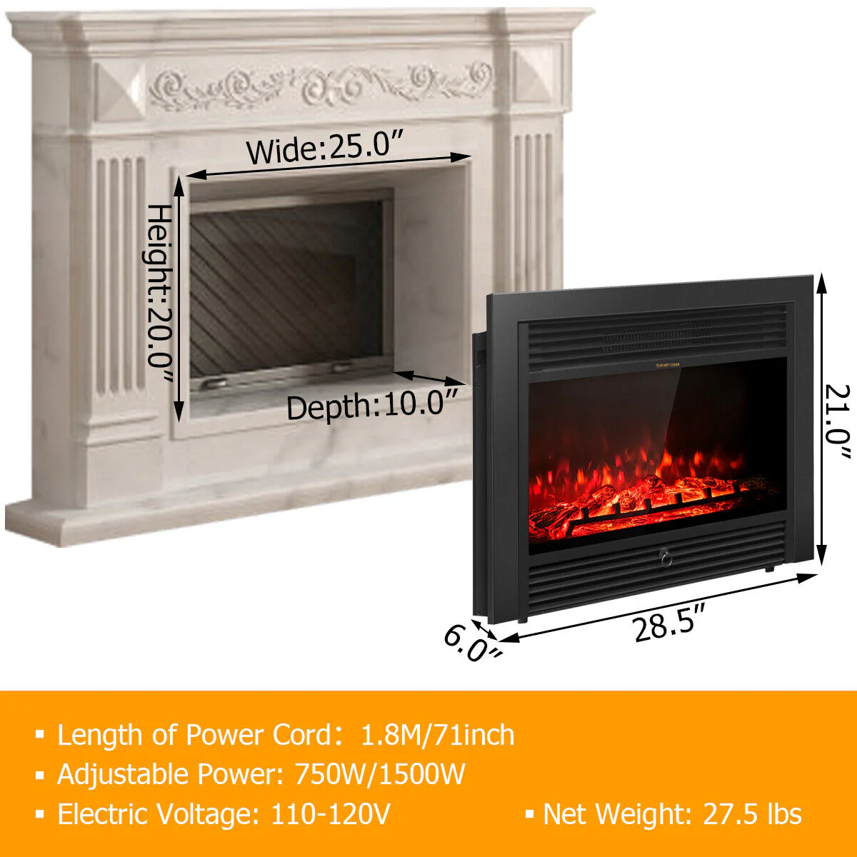 28.5 Inch Electric Fireplace, Recessed, 3 Flame Colors, Black - Image 6