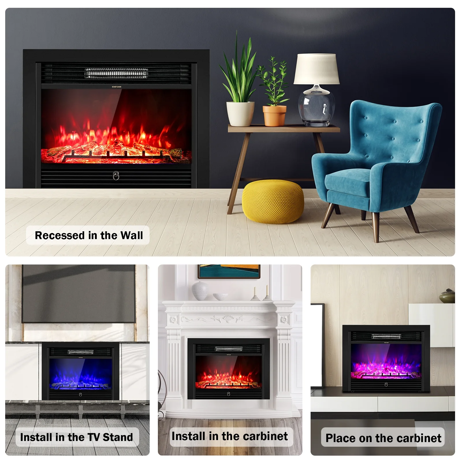 28.5 Inch Electric Fireplace, Recessed, 3 Flame Colors, Black - Image 7