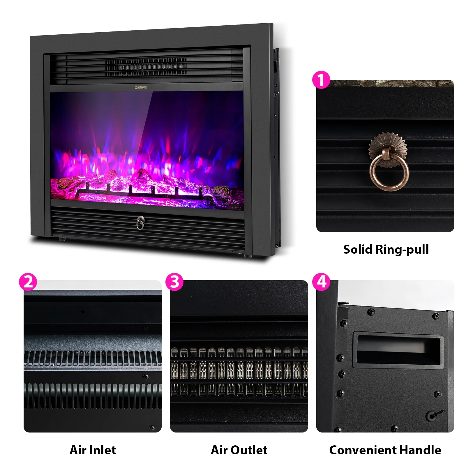 28.5 Inch Electric Fireplace, Recessed, 3 Flame Colors, Black - Image 8