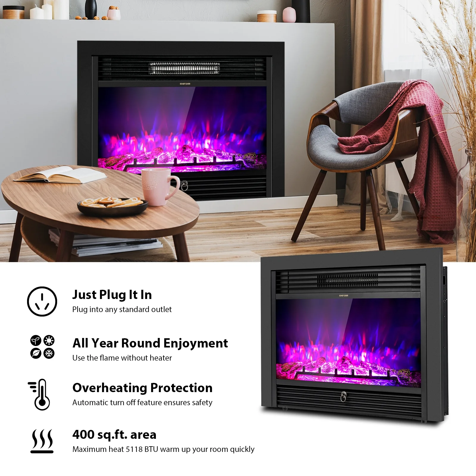 28.5 Inch Electric Fireplace, Recessed, 3 Flame Colors, Black - Image 9