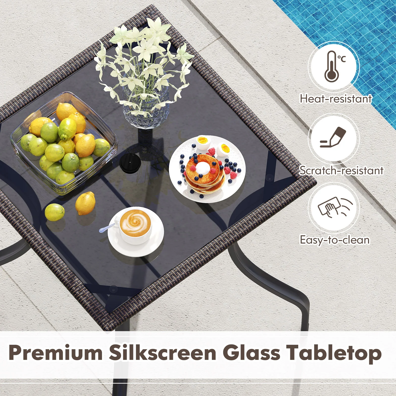 28.5 Inch Square Glass Top Table, Rattan Edging, Brown - Image 10