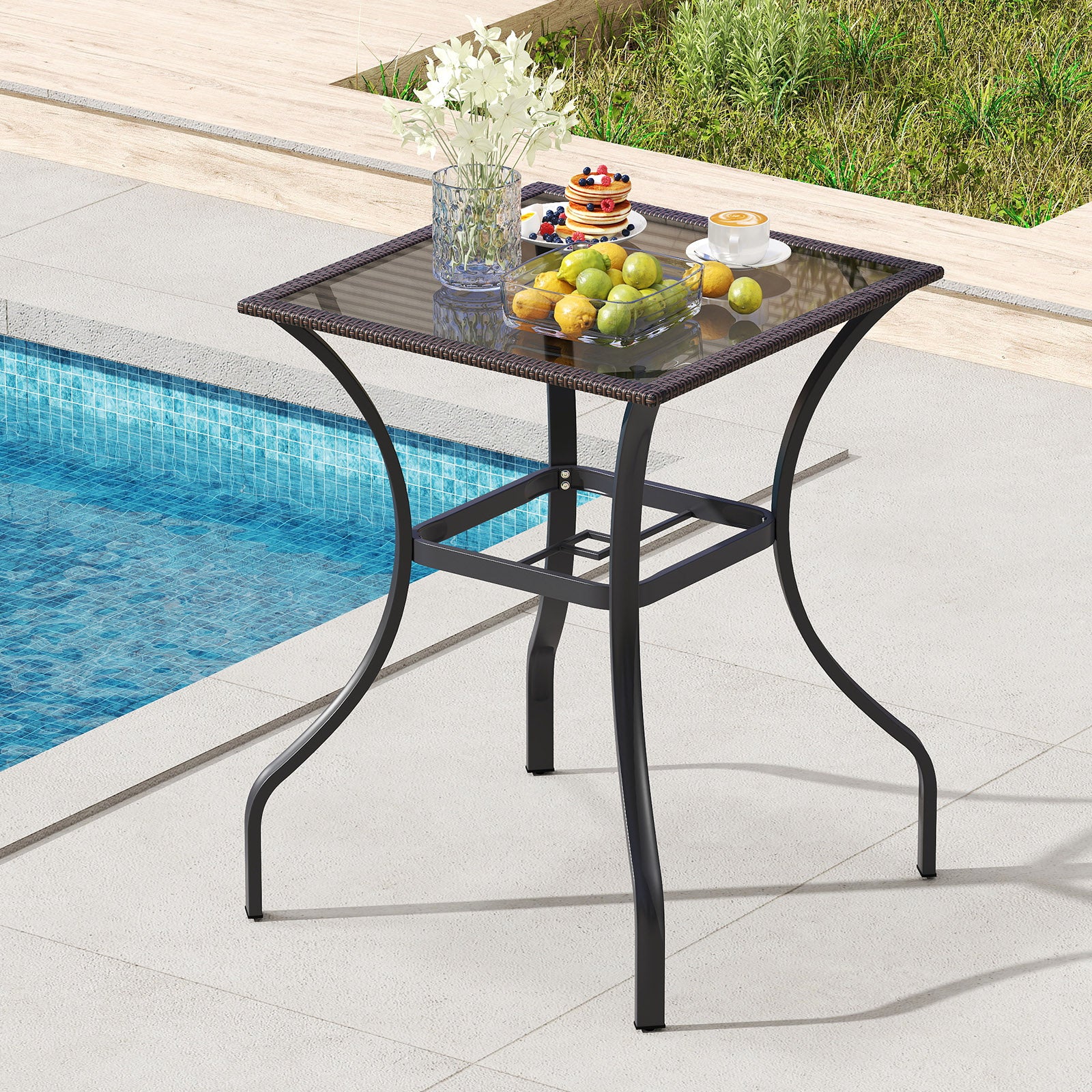 28.5 Inch Square Glass Top Table, Rattan Edging, Brown - Image 2