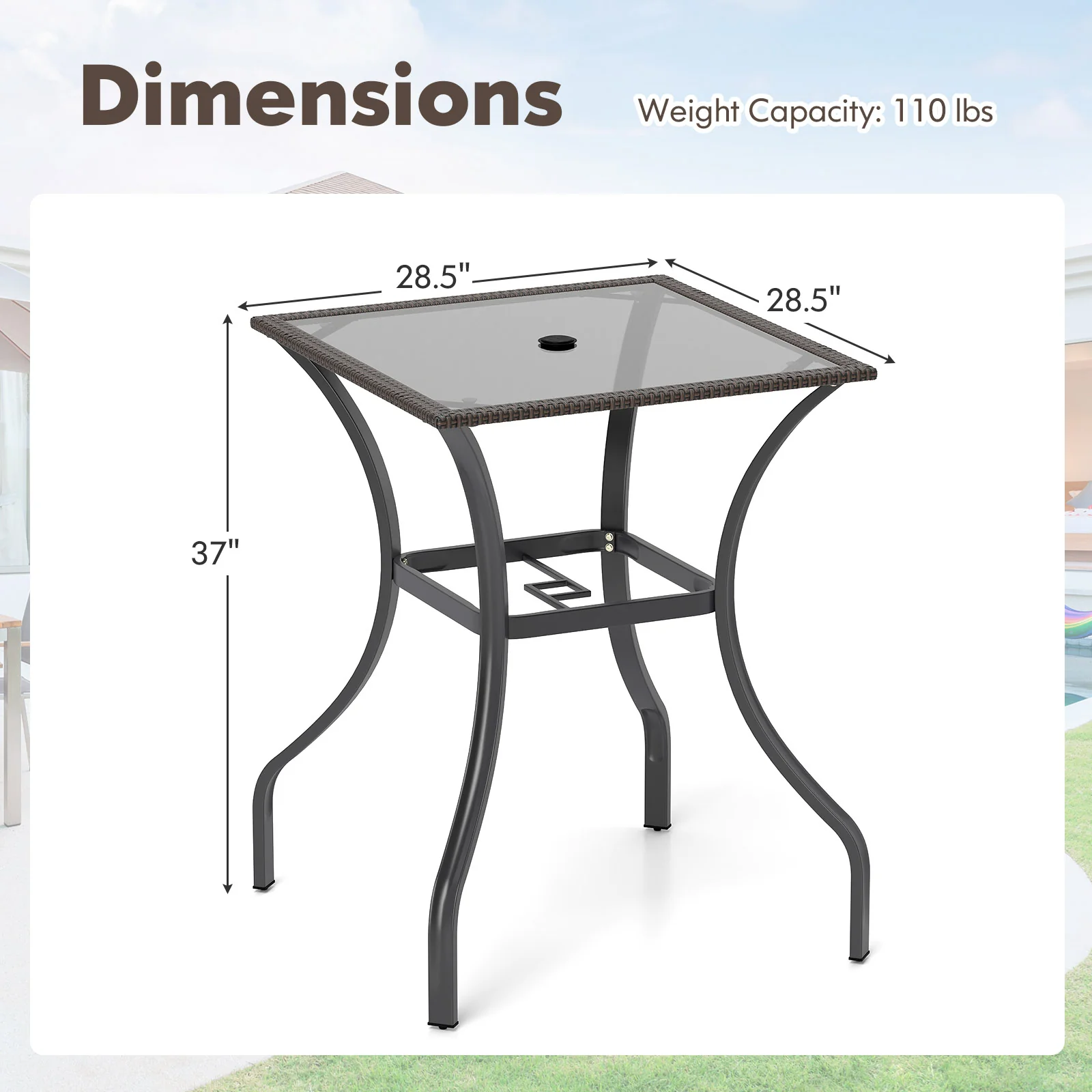28.5 Inch Square Glass Top Table, Rattan Edging, Brown - Image 6