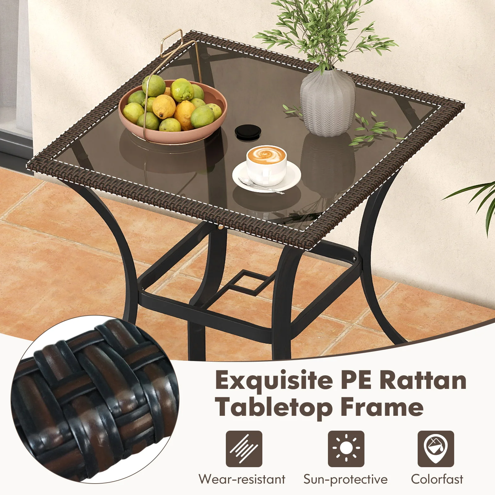 28.5 Inch Square Glass Top Table, Rattan Edging, Brown - Image 9