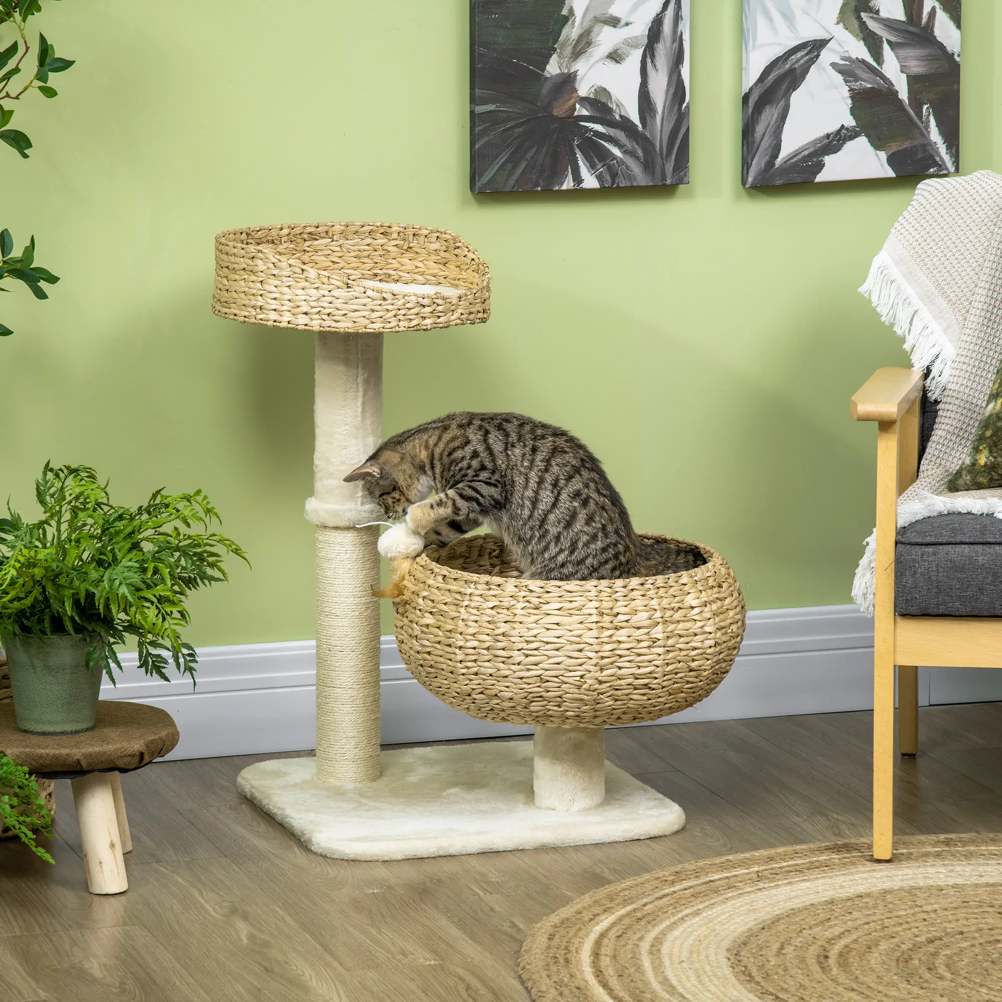 28" Cat Tree, Scratching Post, Double Beds, Beige - Image 2