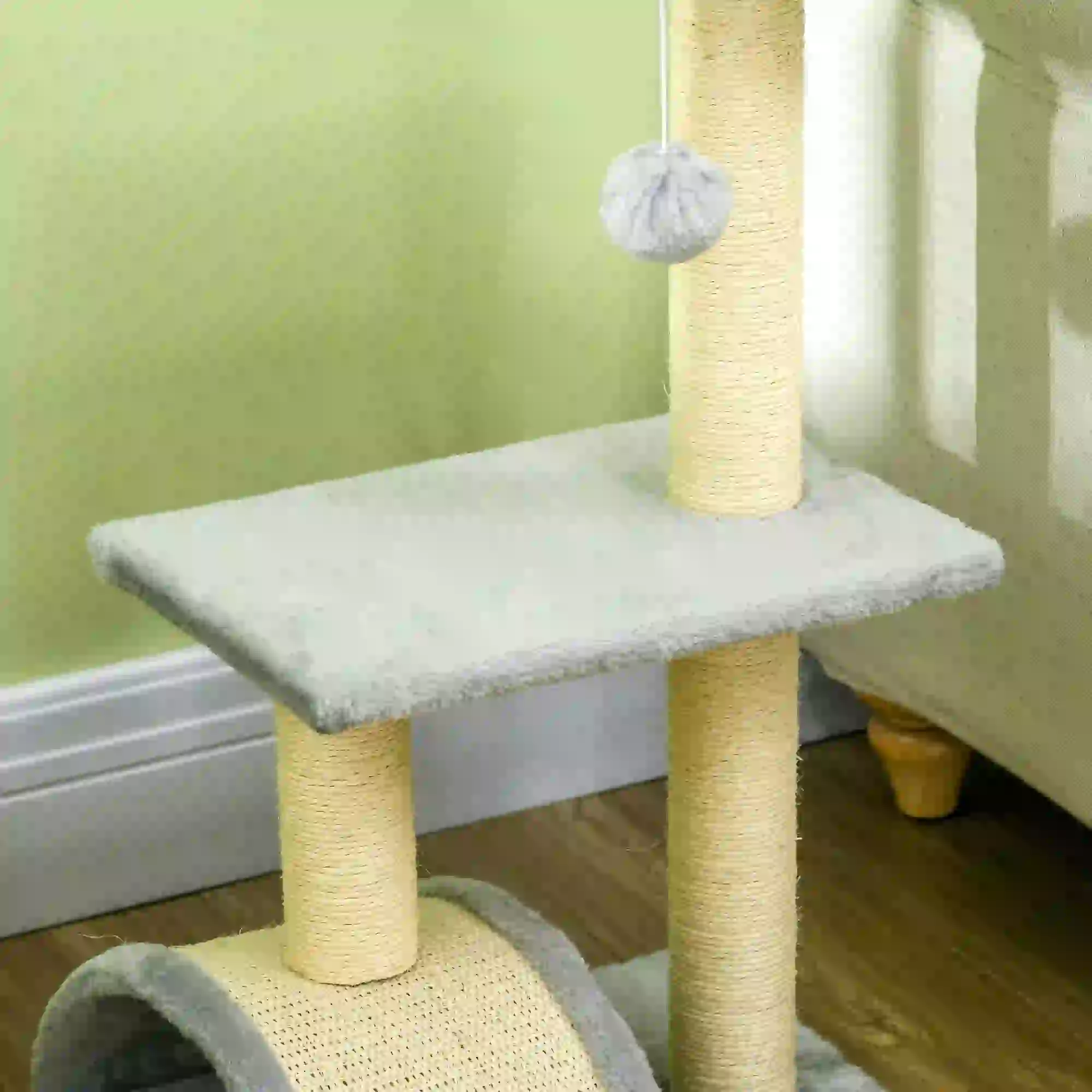 28" Cat Tree, Scratching Post, Pad, Toy Ball, Light Grey - Image 10