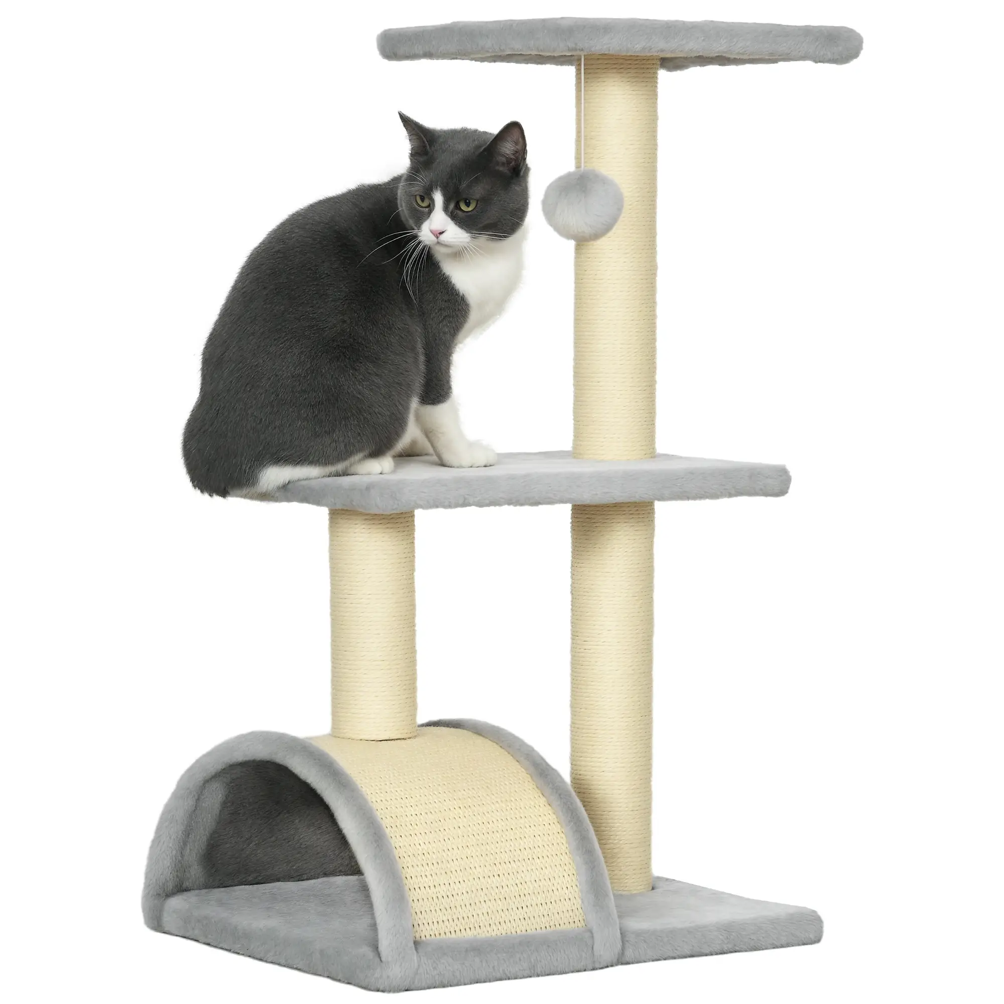 28" Cat Tree, Scratching Post, Pad, Toy Ball, Light Grey - Image 11