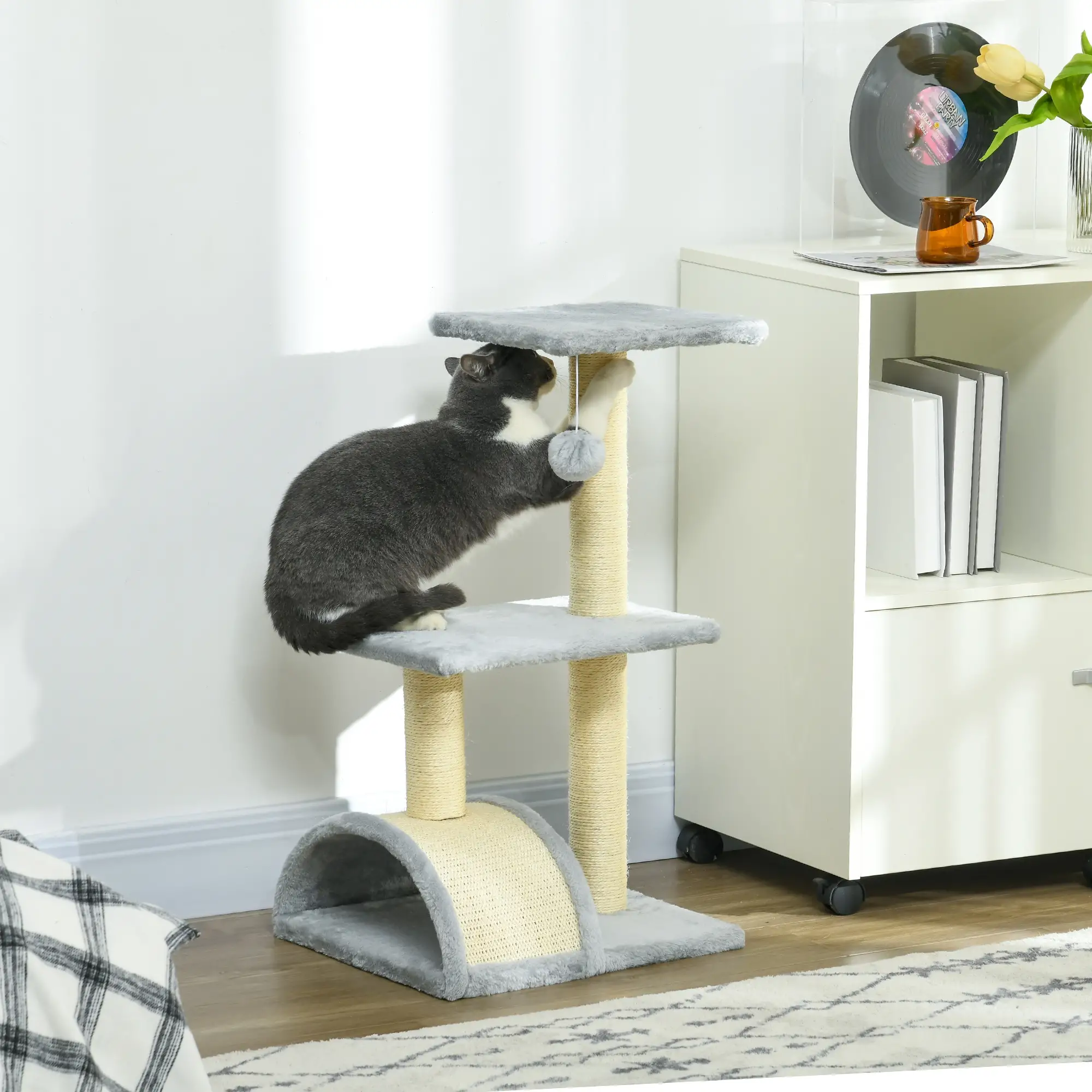 28" Cat Tree, Scratching Post, Pad, Toy Ball, Light Grey - Image 2