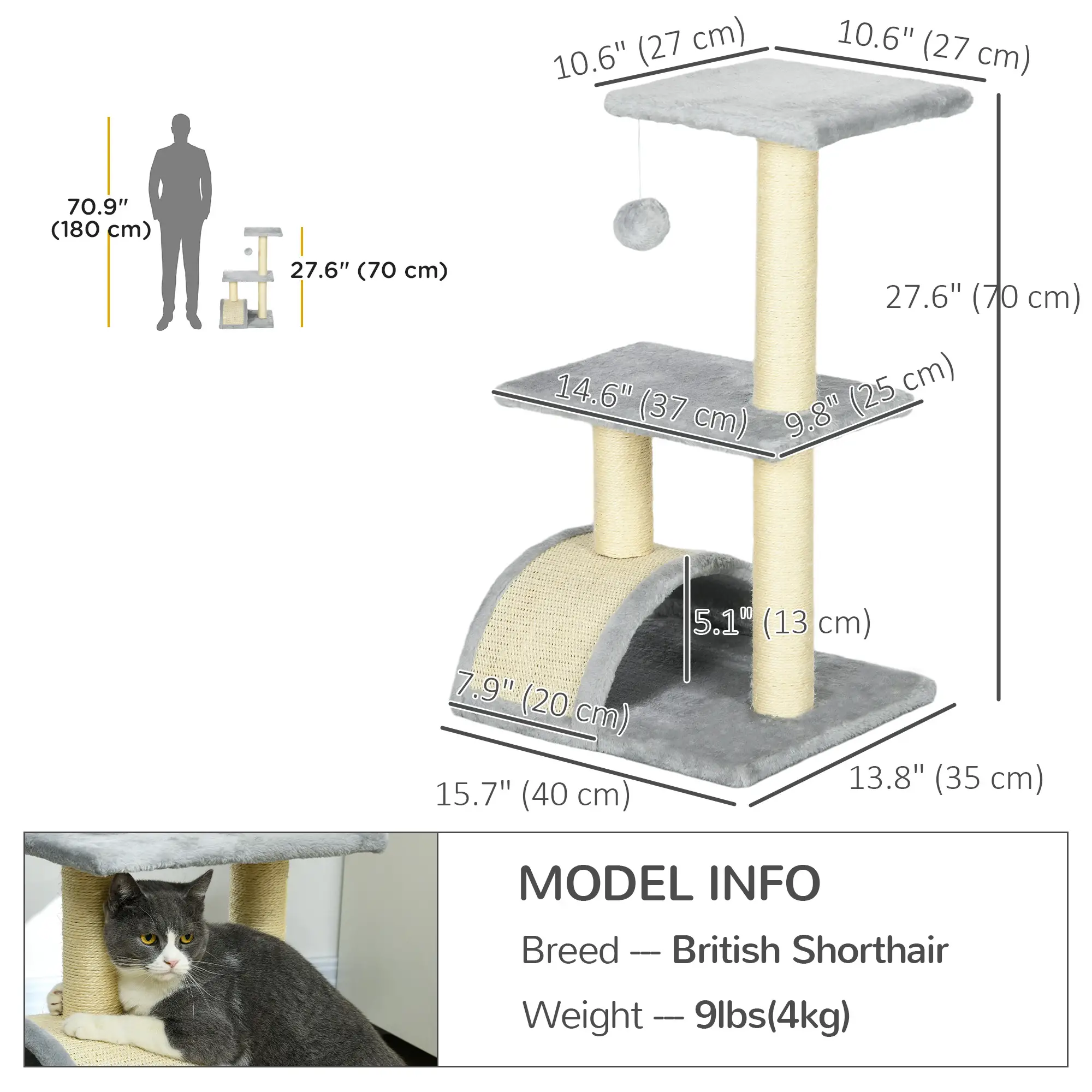 28" Cat Tree, Scratching Post, Pad, Toy Ball, Light Grey - Image 3