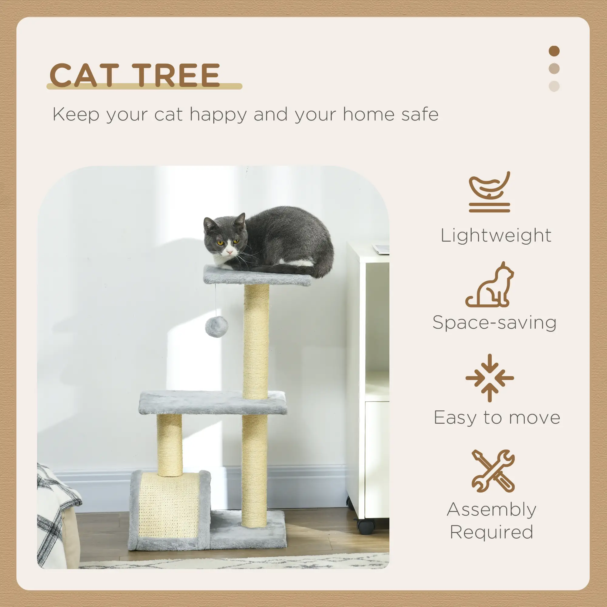 28" Cat Tree, Scratching Post, Pad, Toy Ball, Light Grey - Image 4