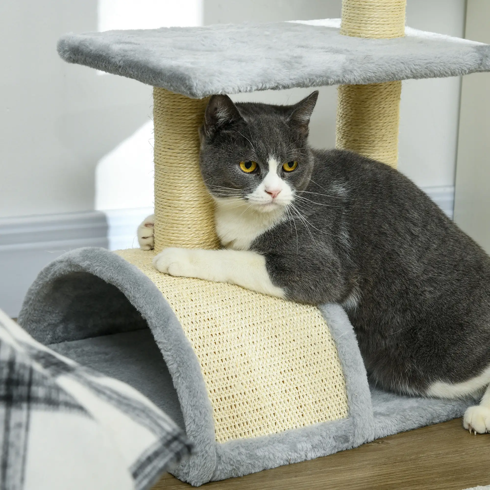 28" Cat Tree, Scratching Post, Pad, Toy Ball, Light Grey - Image 7