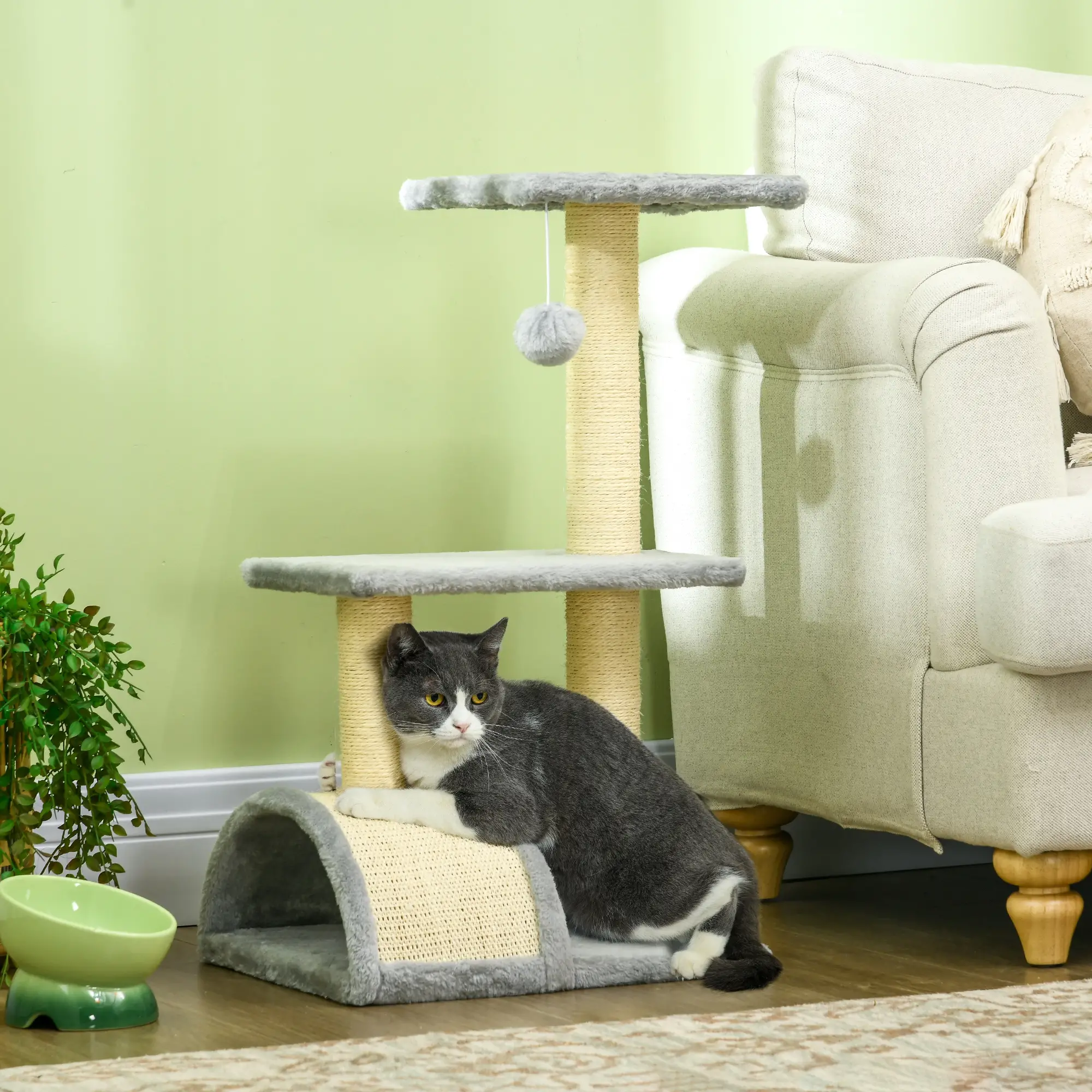 28" Cat Tree, Scratching Post, Pad, Toy Ball, Light Grey - Image 8