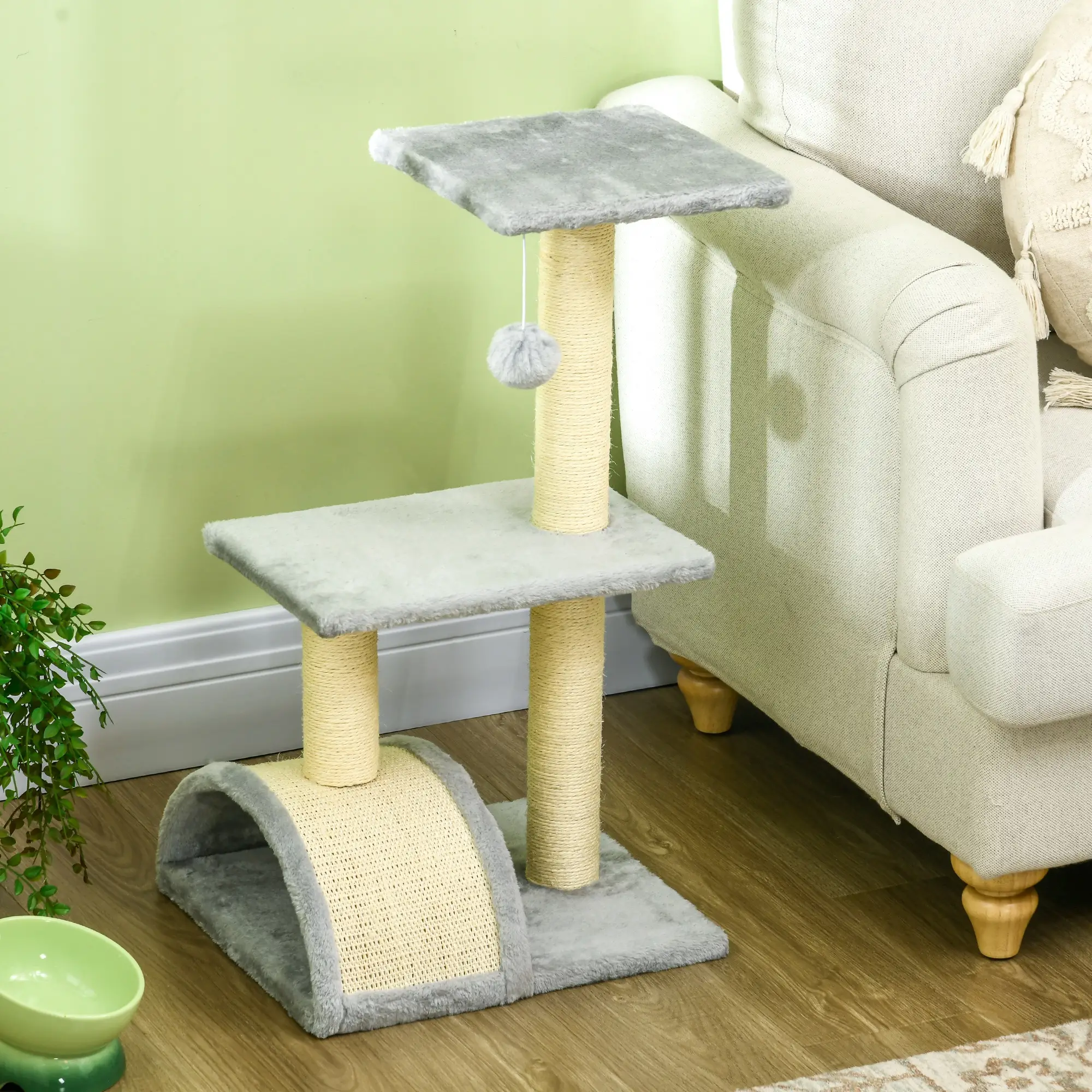 28" Cat Tree, Scratching Post, Pad, Toy Ball, Light Grey - Image 9