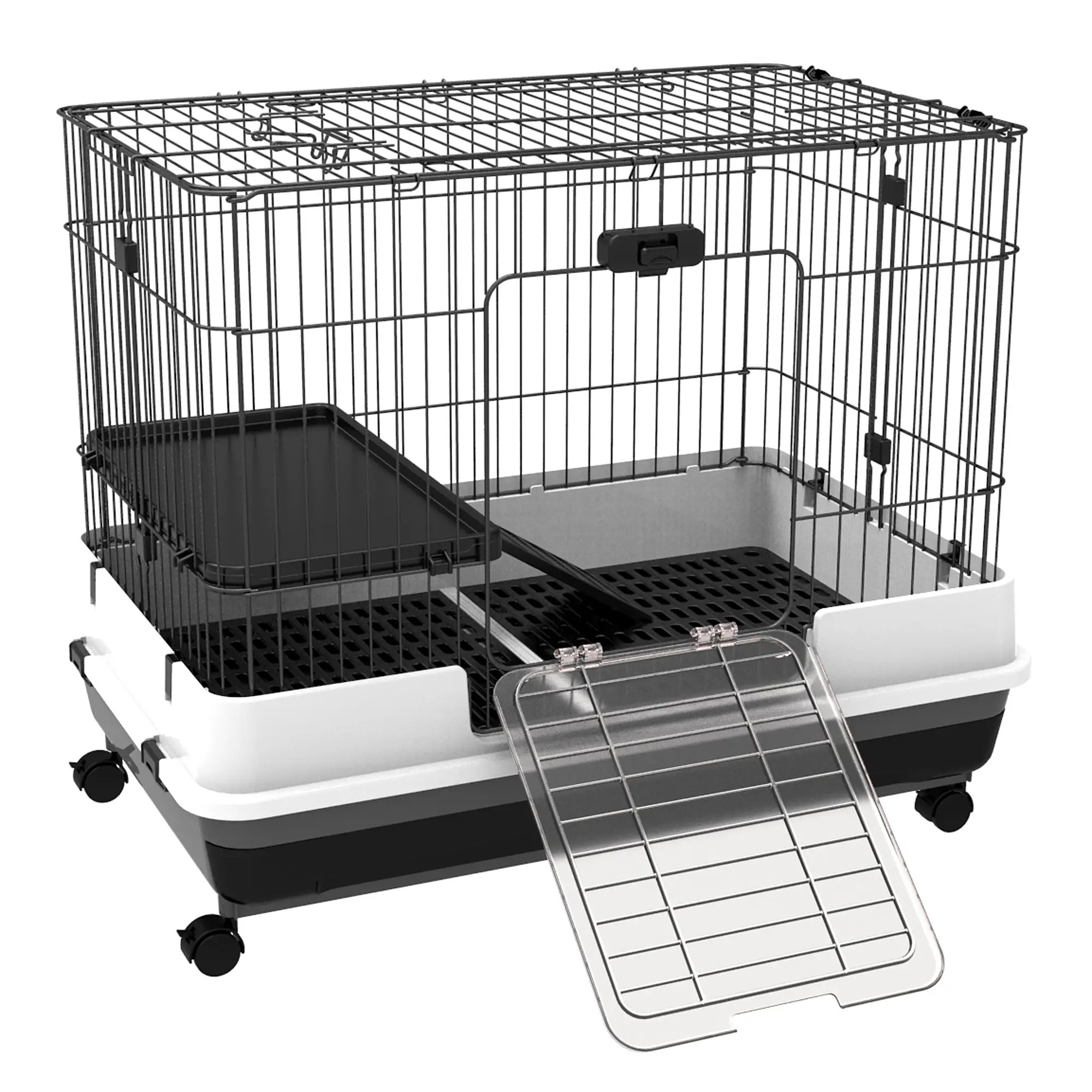 28"H 2-Level Rabbit Hutch, Lockable Wheels, Slide-Out Tray, Black