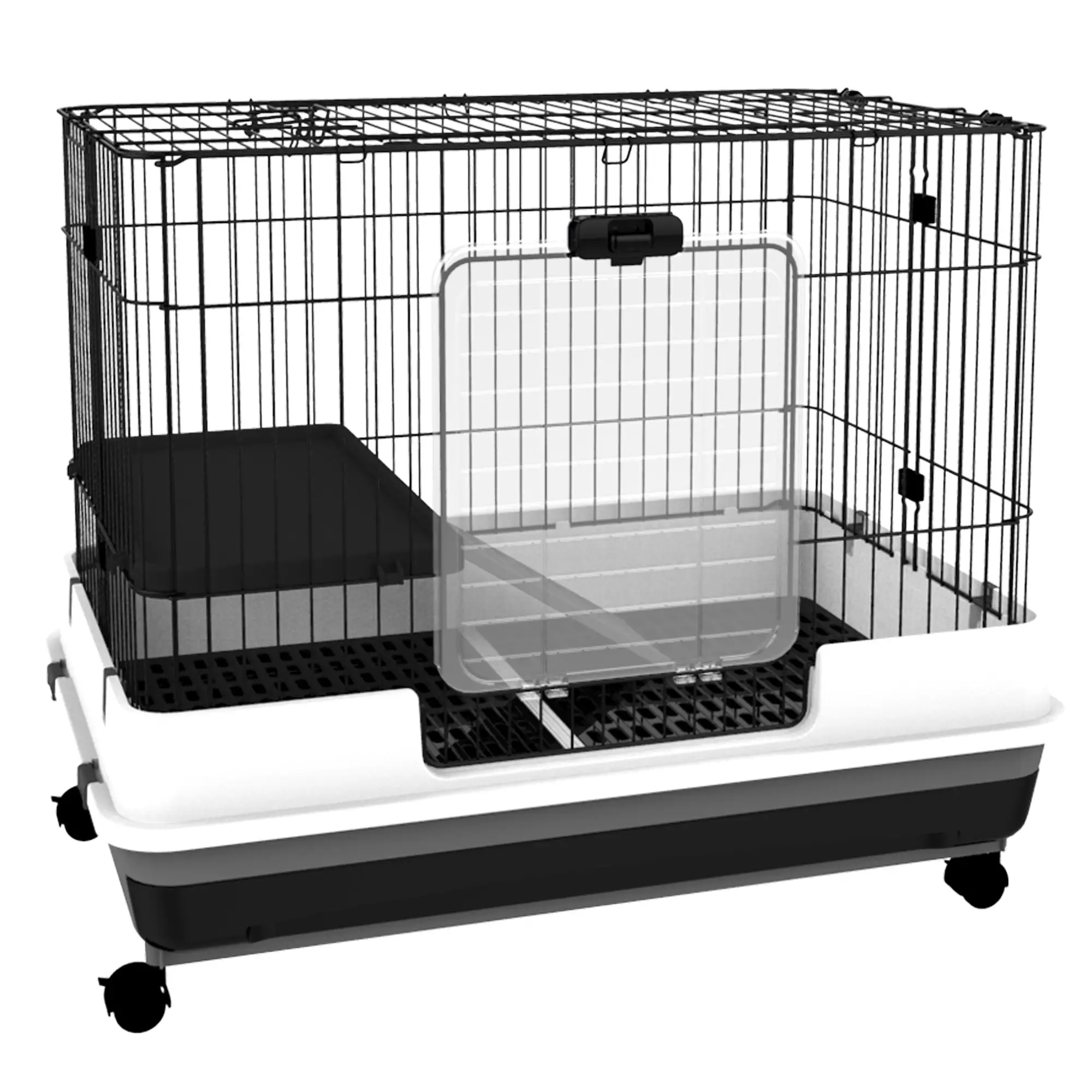 28"H 2-Level Rabbit Hutch, Lockable Wheels, Slide-Out Tray, Black - Image 11