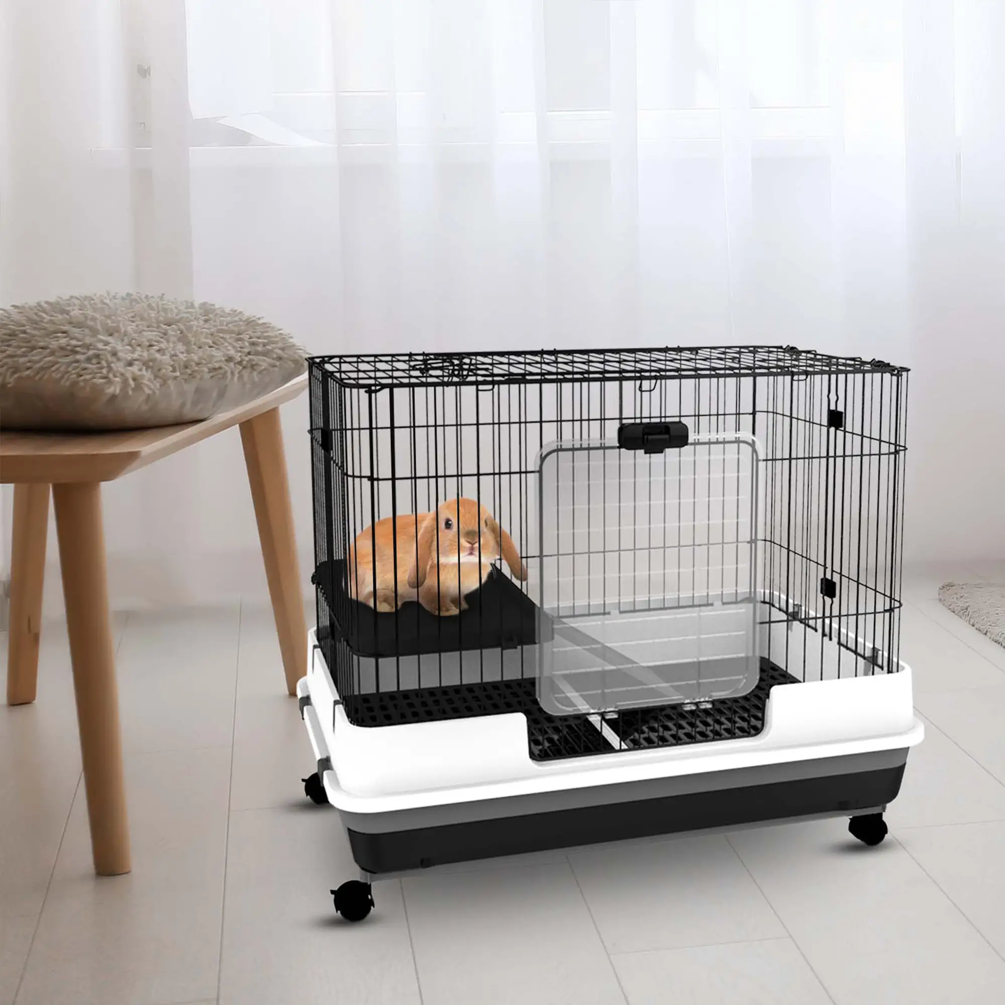 28"H 2-Level Rabbit Hutch, Lockable Wheels, Slide-Out Tray, Black - Image 8