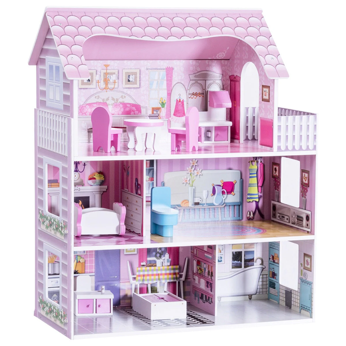 28 Inch Dollhouse With Furniture, Pink