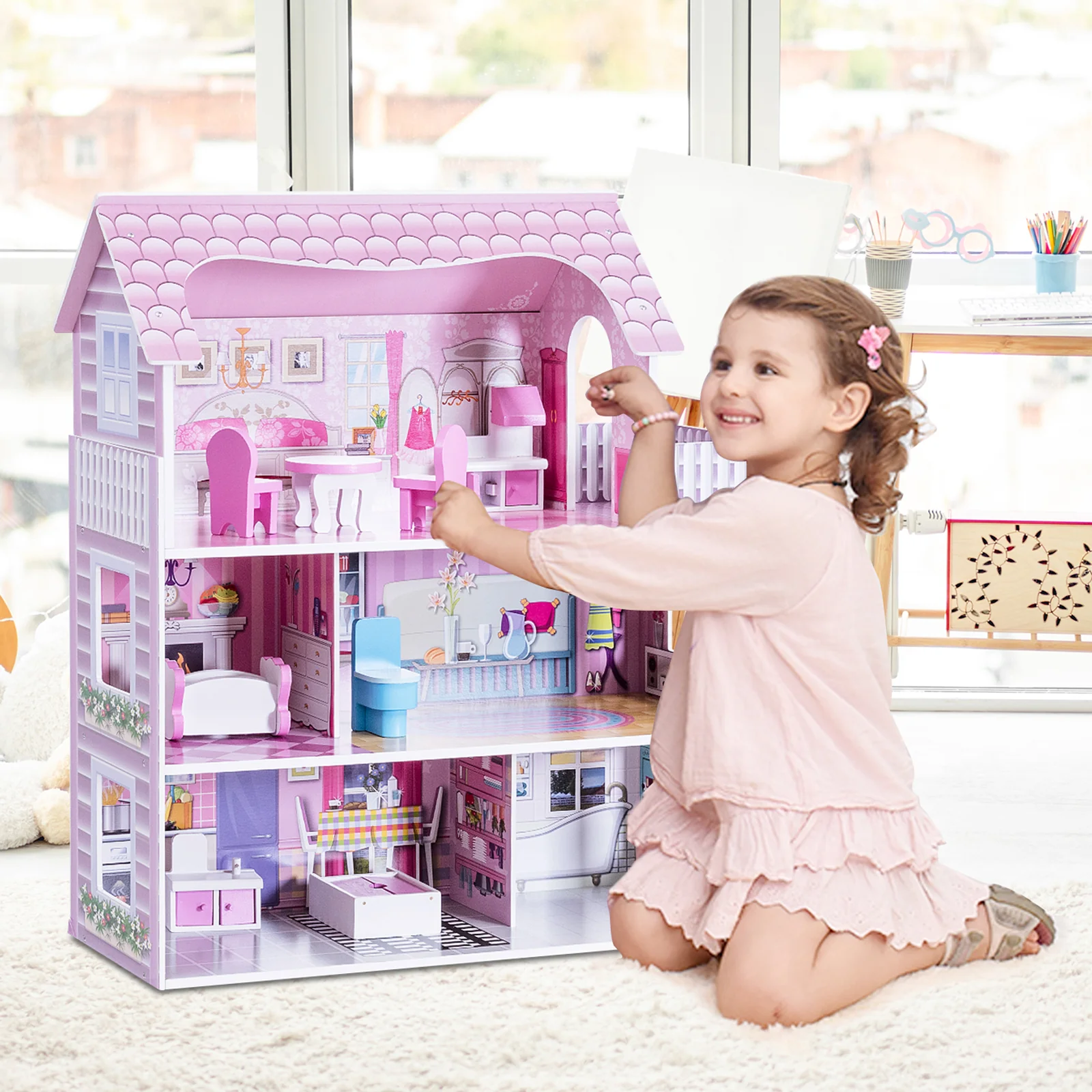 28 Inch Dollhouse With Furniture, Pink - Image 2