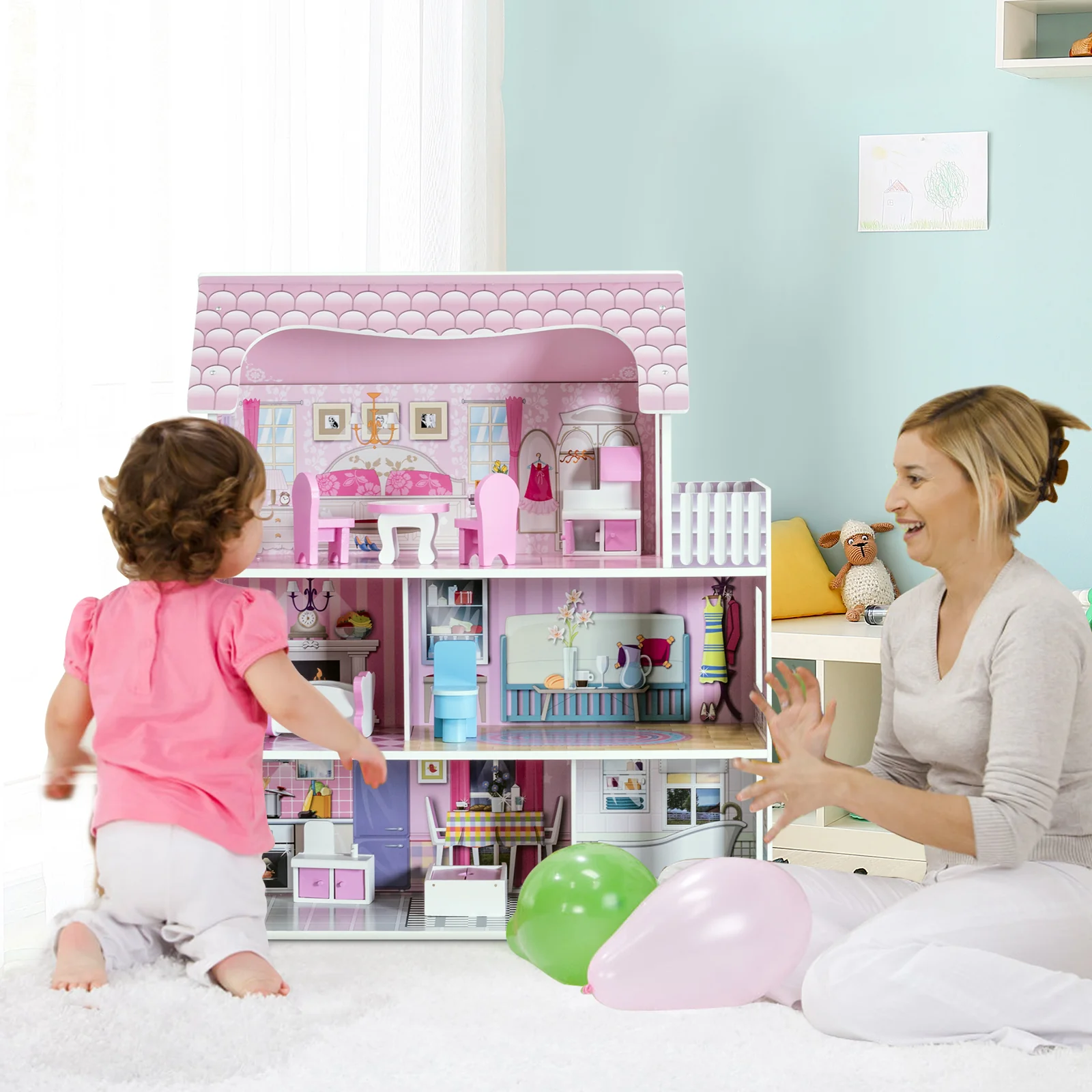 28 Inch Dollhouse With Furniture, Pink - Image 3