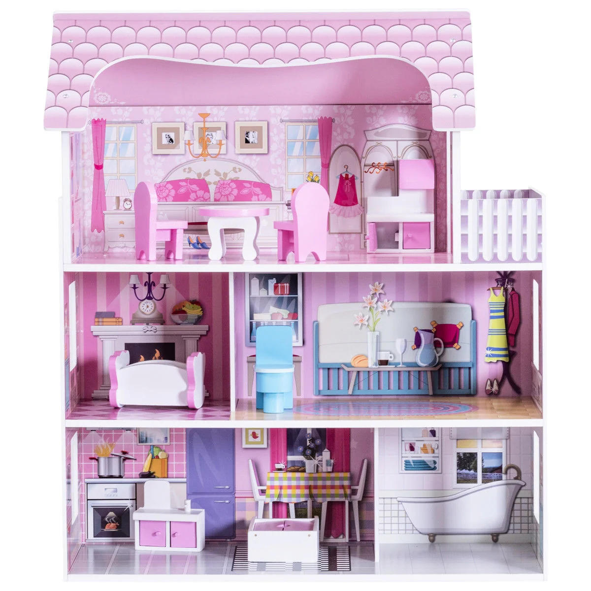 28 Inch Dollhouse With Furniture, Pink - Image 5