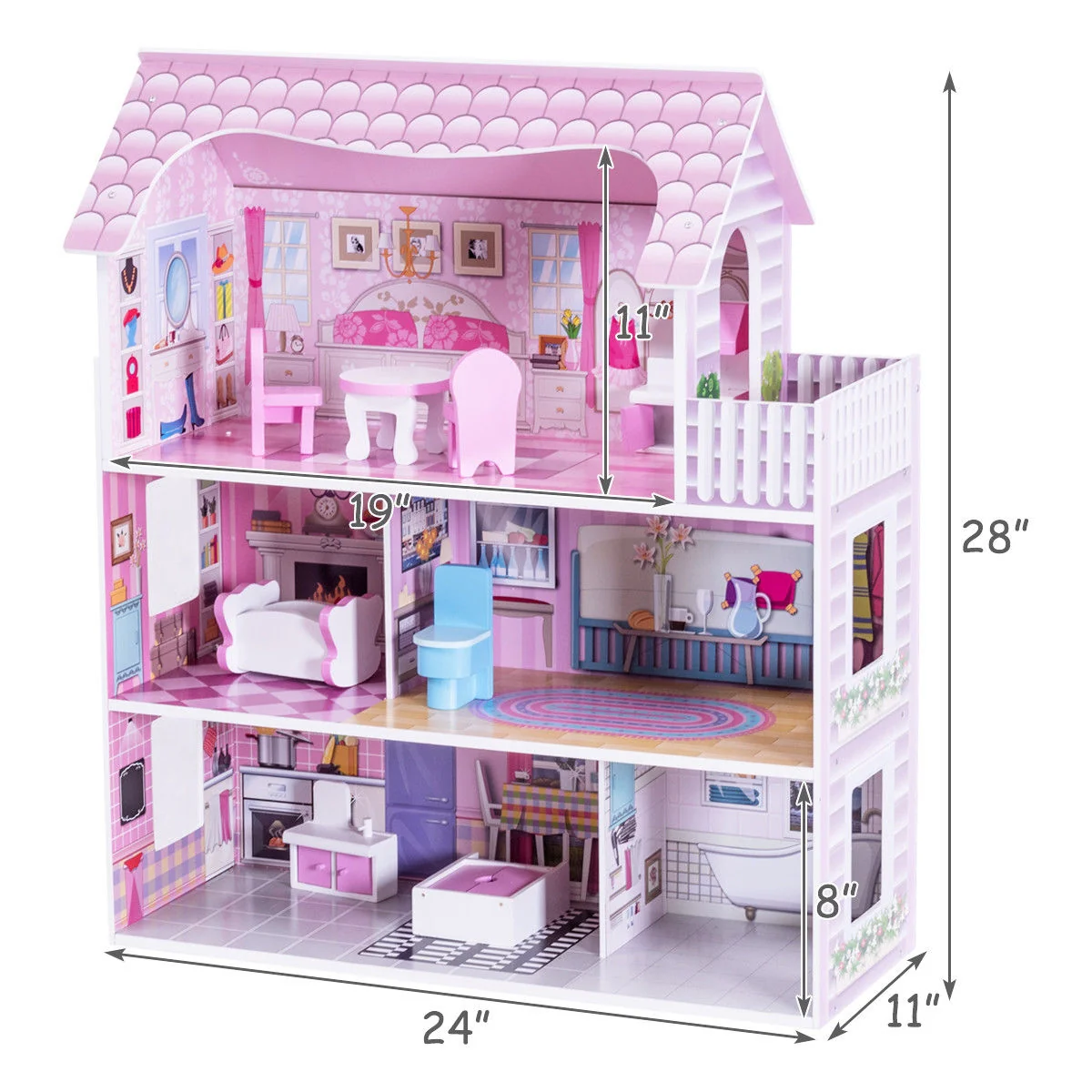 28 Inch Dollhouse With Furniture, Pink - Image 6