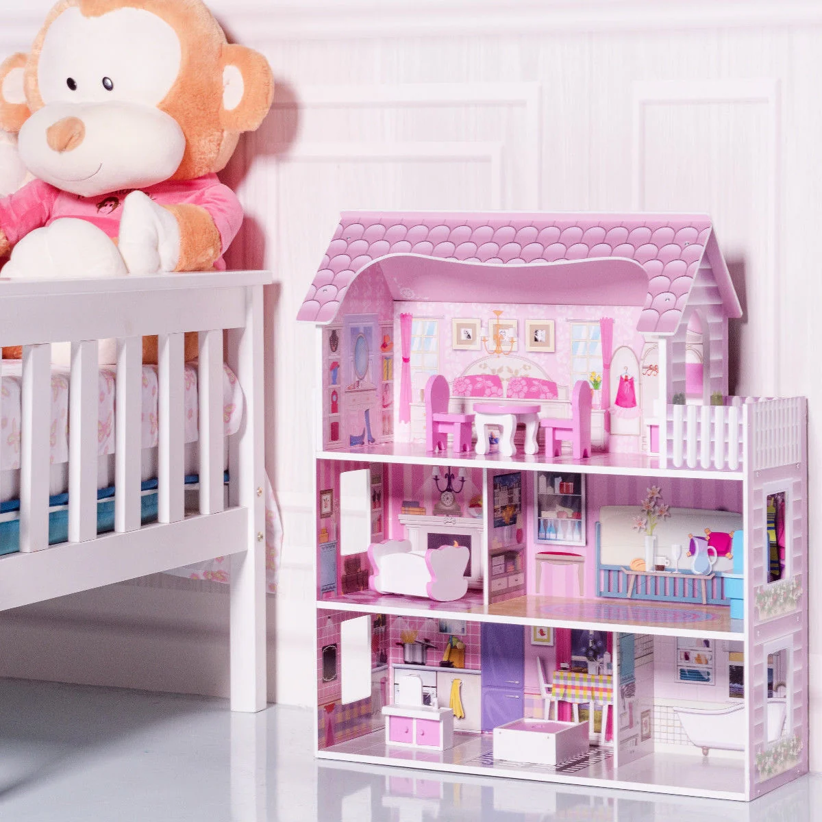 28 Inch Dollhouse With Furniture, Pink - Image 7