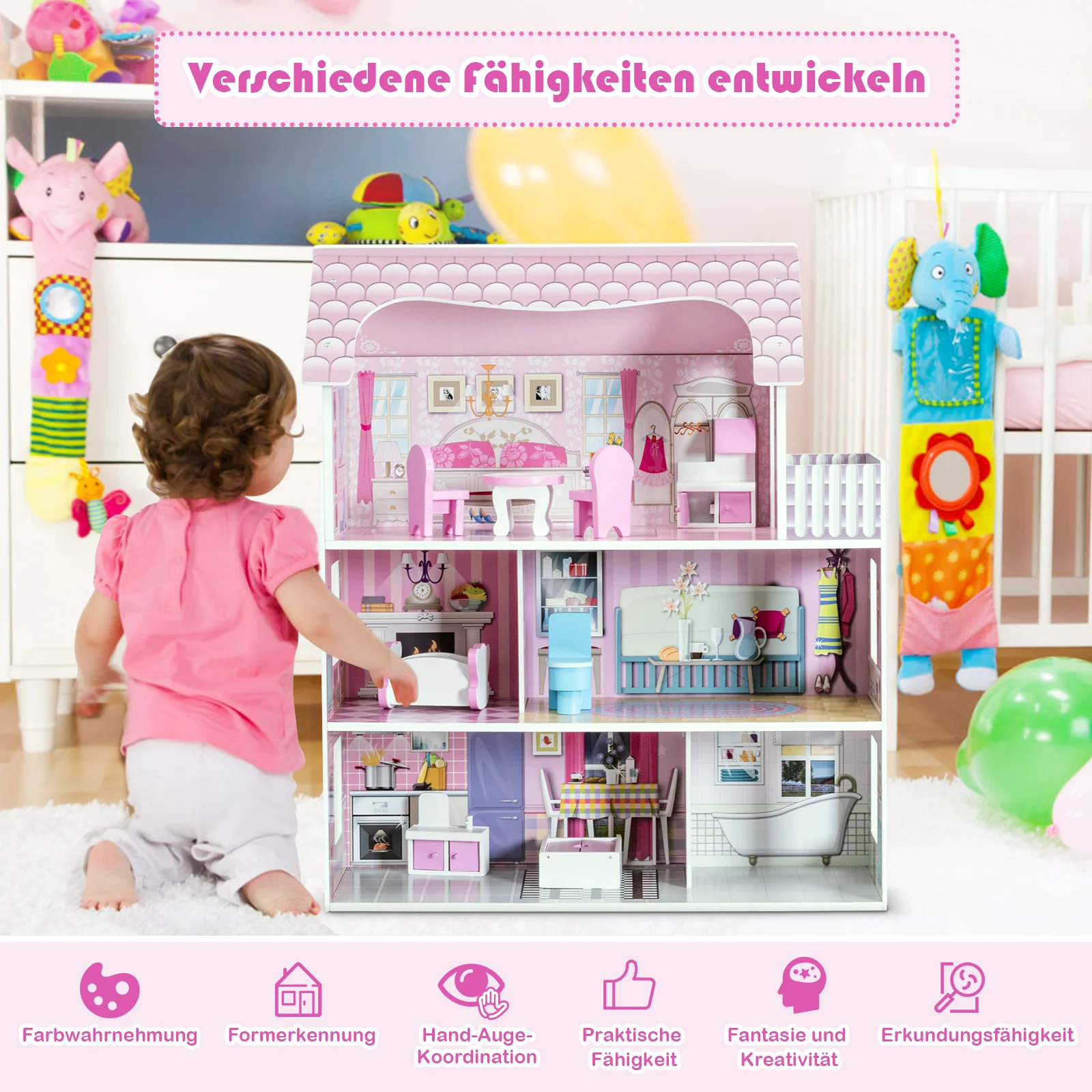 28 Inch Dollhouse With Furniture, Pink - Image 9
