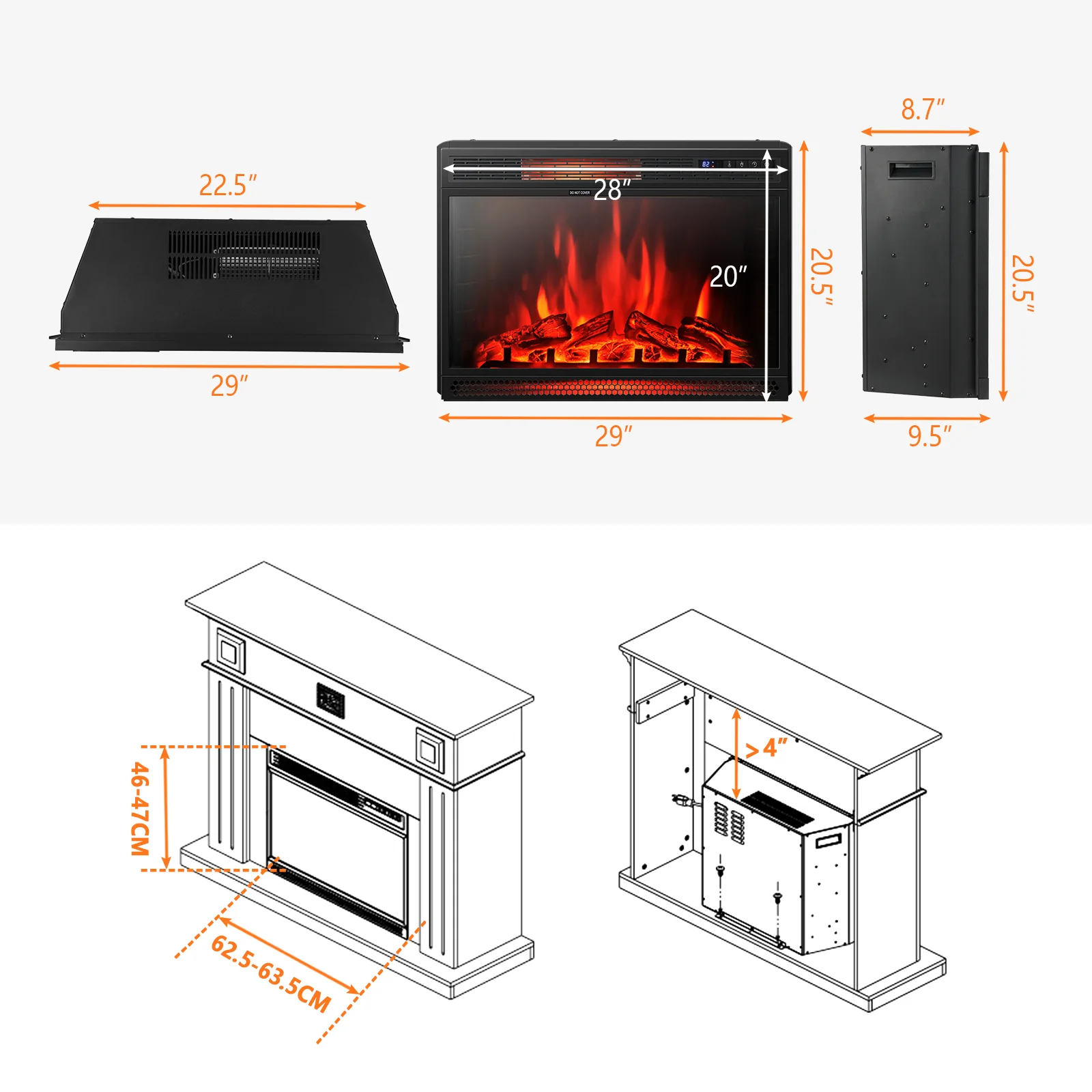 28 Inch Electric Freestanding Recessed Fireplace, Black - Image 5