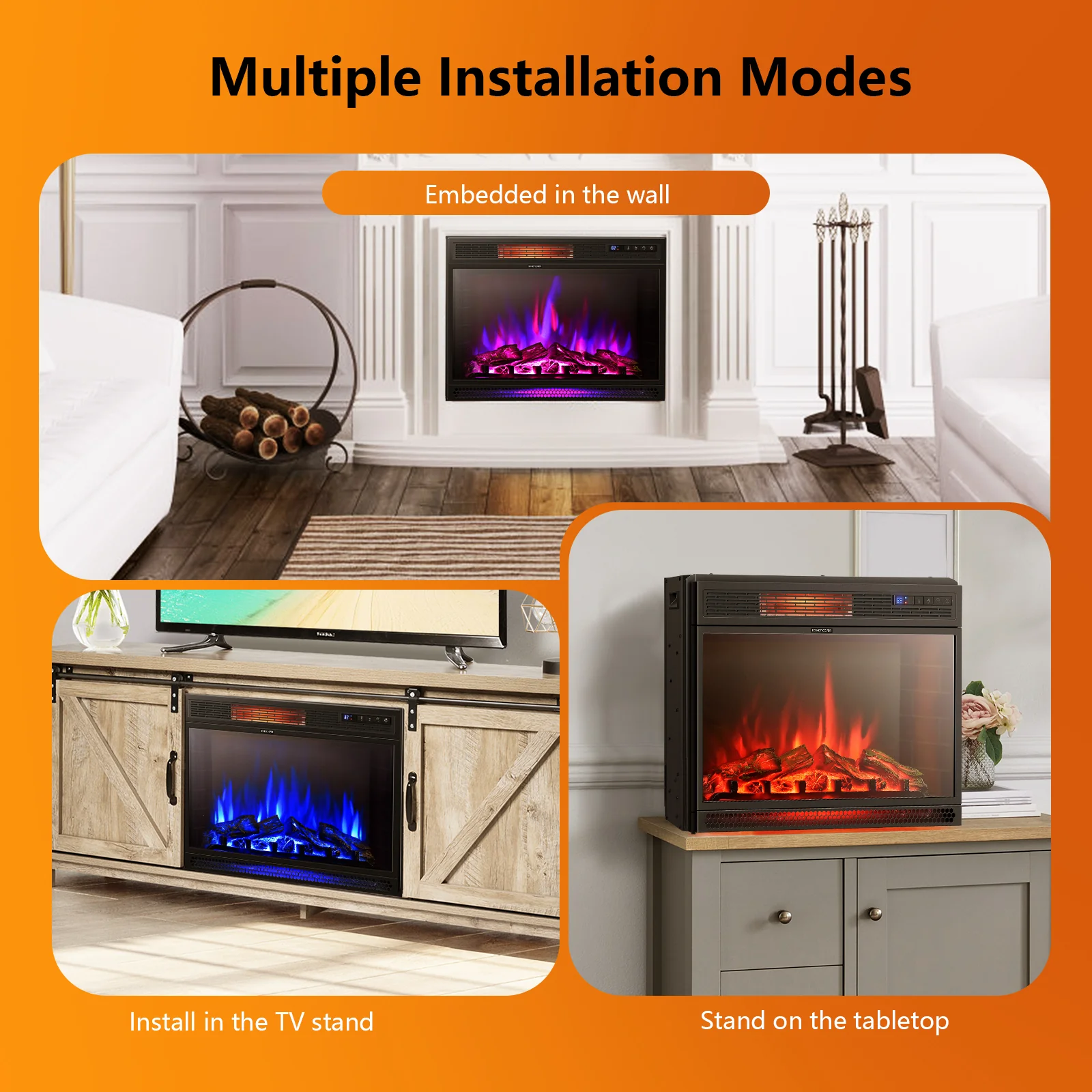 28 Inch Electric Freestanding Recessed Fireplace, Black - Image 9