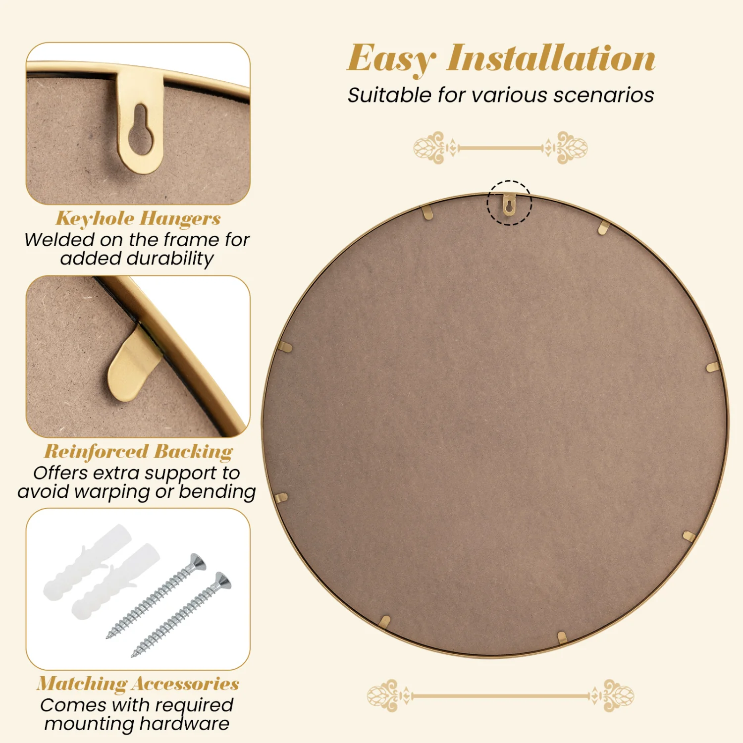 28 Inch Round Wall Mirror, Beaded Frame, Living Room Entryway, Gold - Image 10
