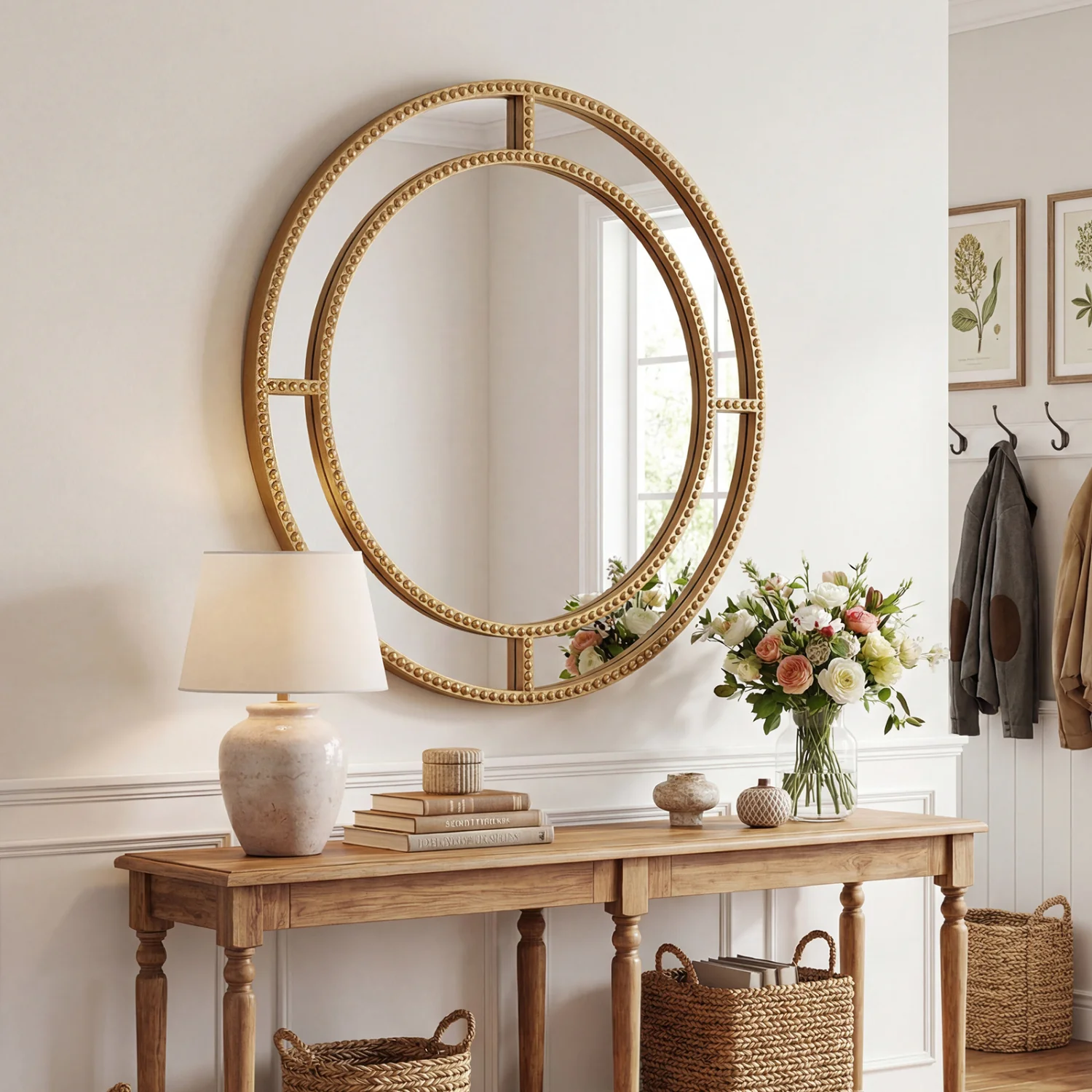 28 Inch Round Wall Mirror, Beaded Frame, Living Room Entryway, Gold - Image 2