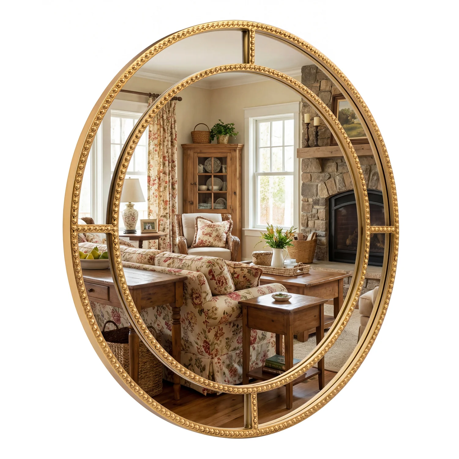 28 Inch Round Wall Mirror, Beaded Frame, Living Room Entryway, Gold - Image 4