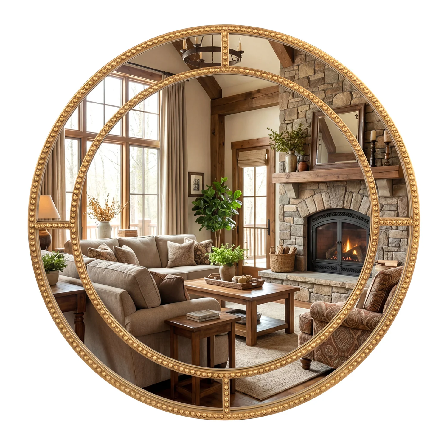 28 Inch Round Wall Mirror, Beaded Frame, Living Room Entryway, Gold - Image 5